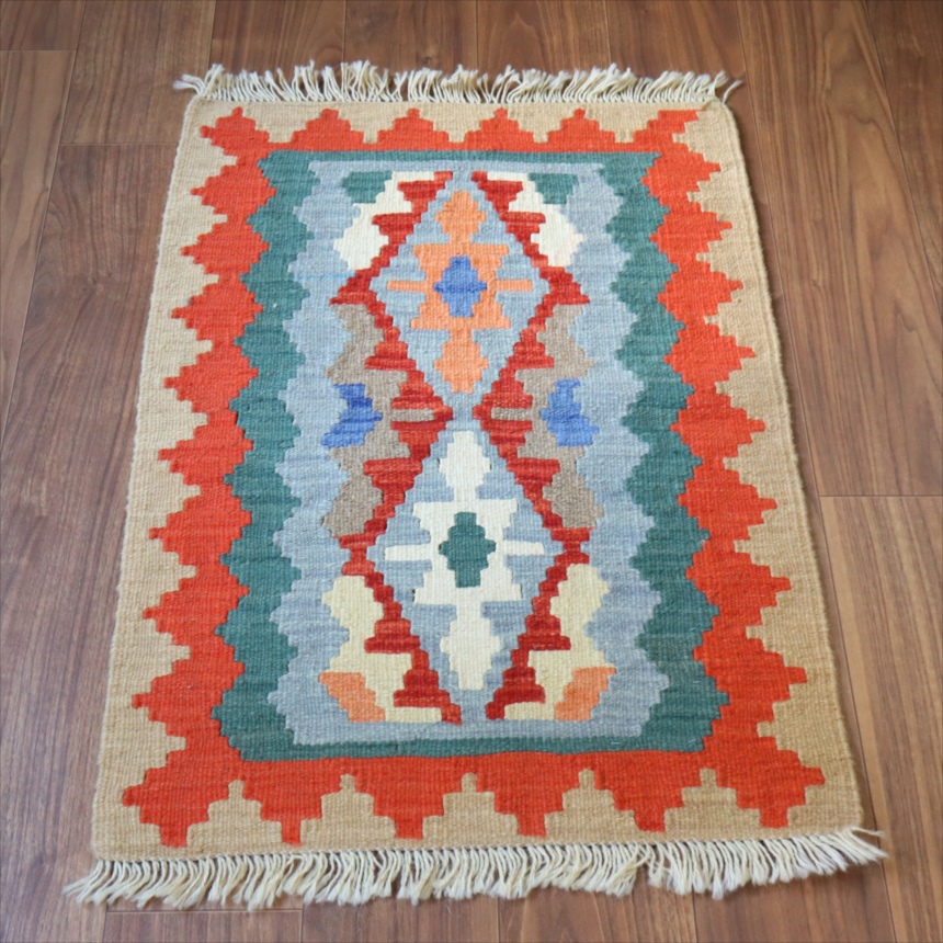 手織りキリム イラン シラーズ87×62cm カラフルな幾何学モチーフ