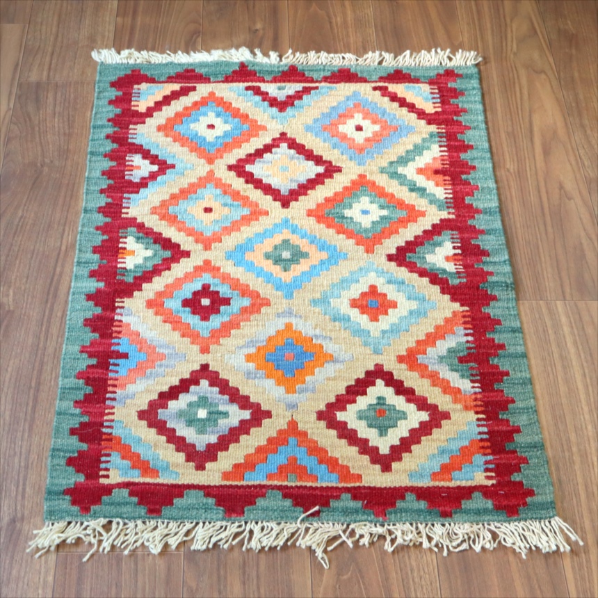 手織りキリム イラン シラーズ86×63cm カラフルな幾何学モチーフ