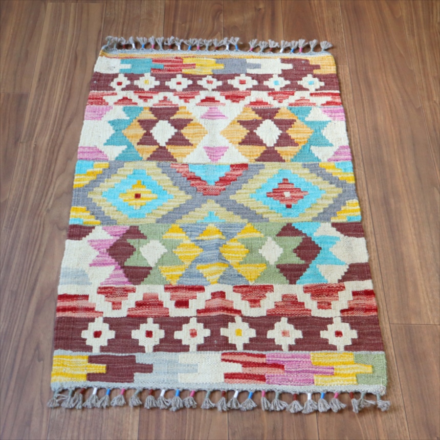 アフガンキリム　ポップなカラー　ジグザグ91×60cm