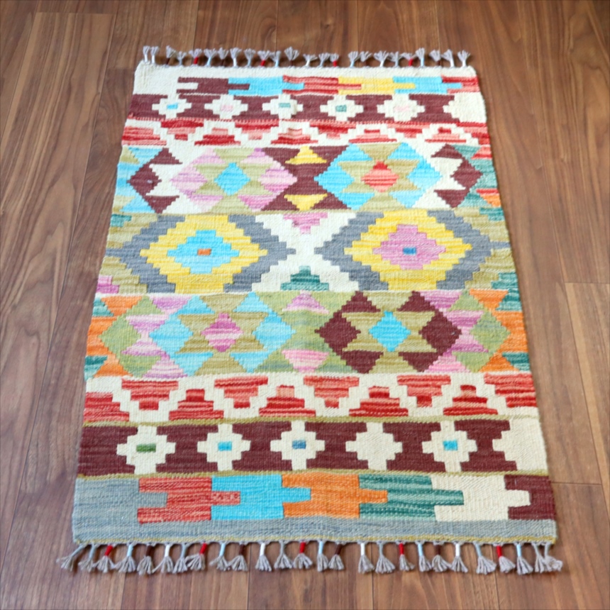 アフガンキリム　ポップなカラー　ジグザグ92×63cm