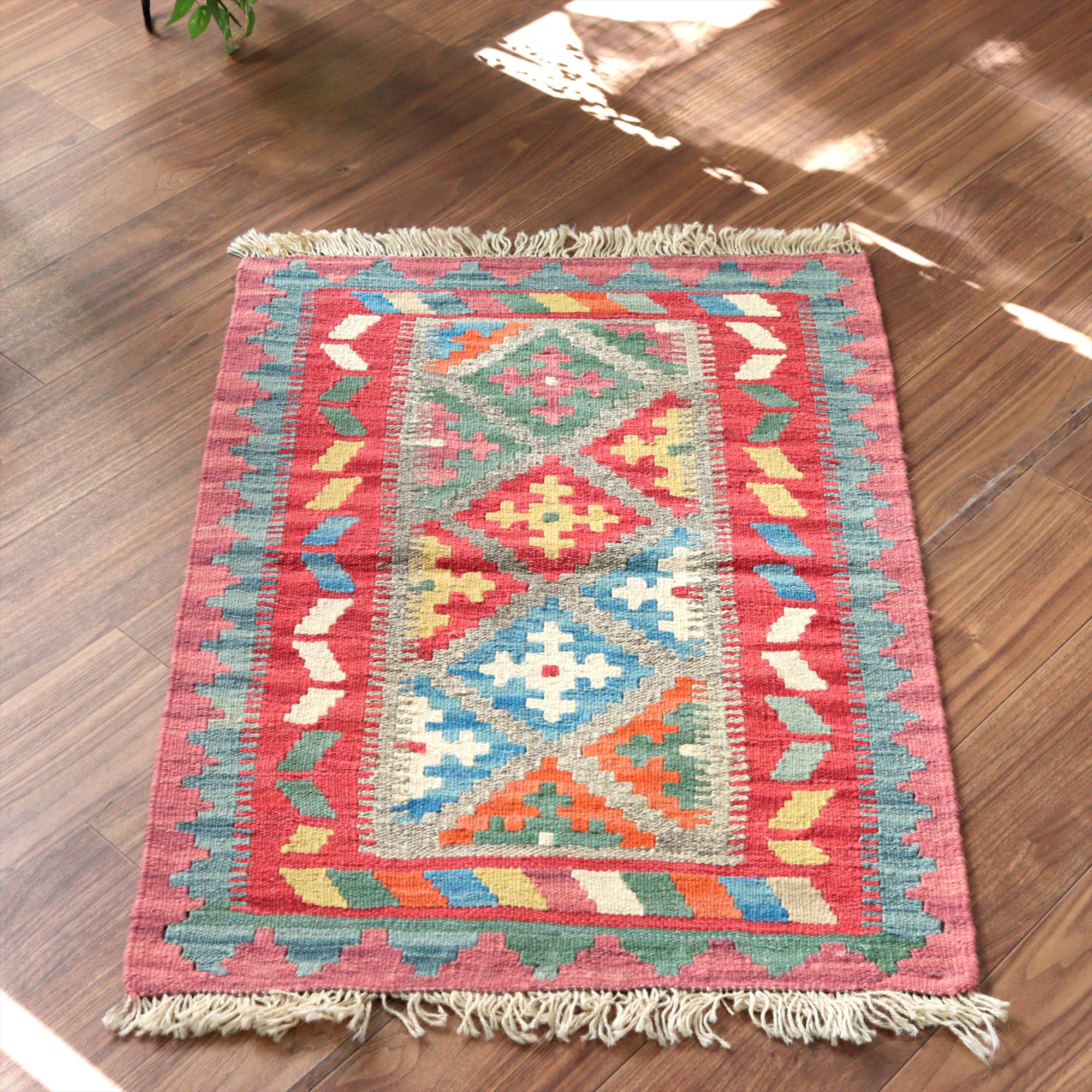 手織りキリム イラン シラーズ91×65cm カラフルな幾何学モチーフ