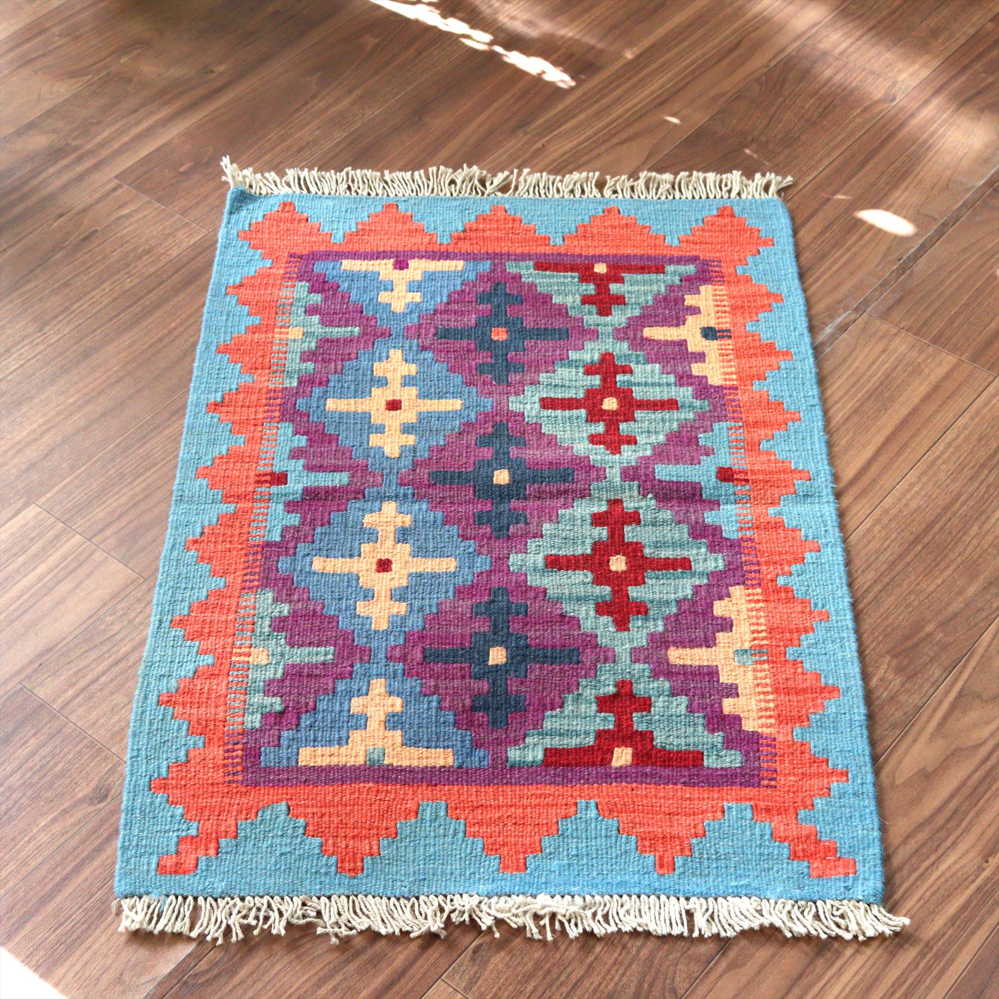 手織りキリム イラン シラーズ88×62cm カラフルな幾何学モチーフ