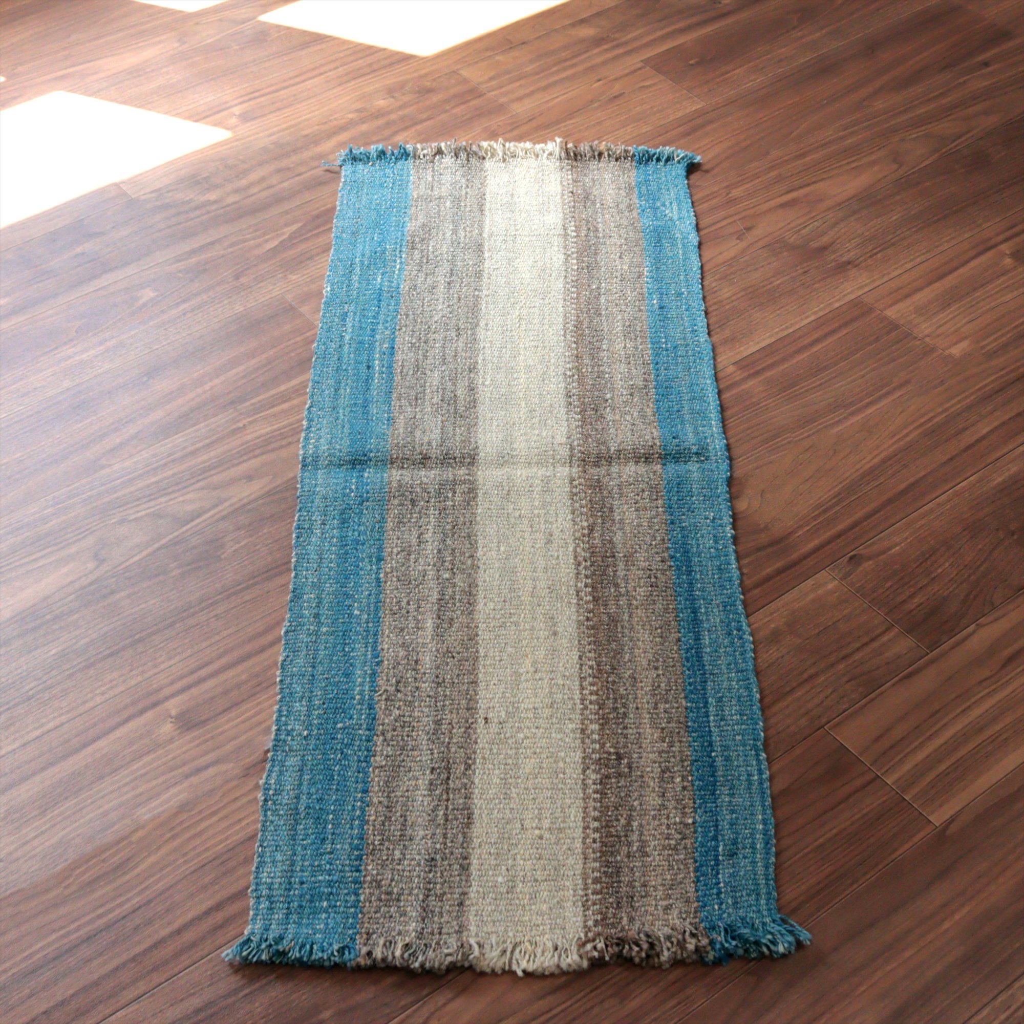 トルコの手織りキリム カルス124×48cm ブルー＆グレー ストライプ