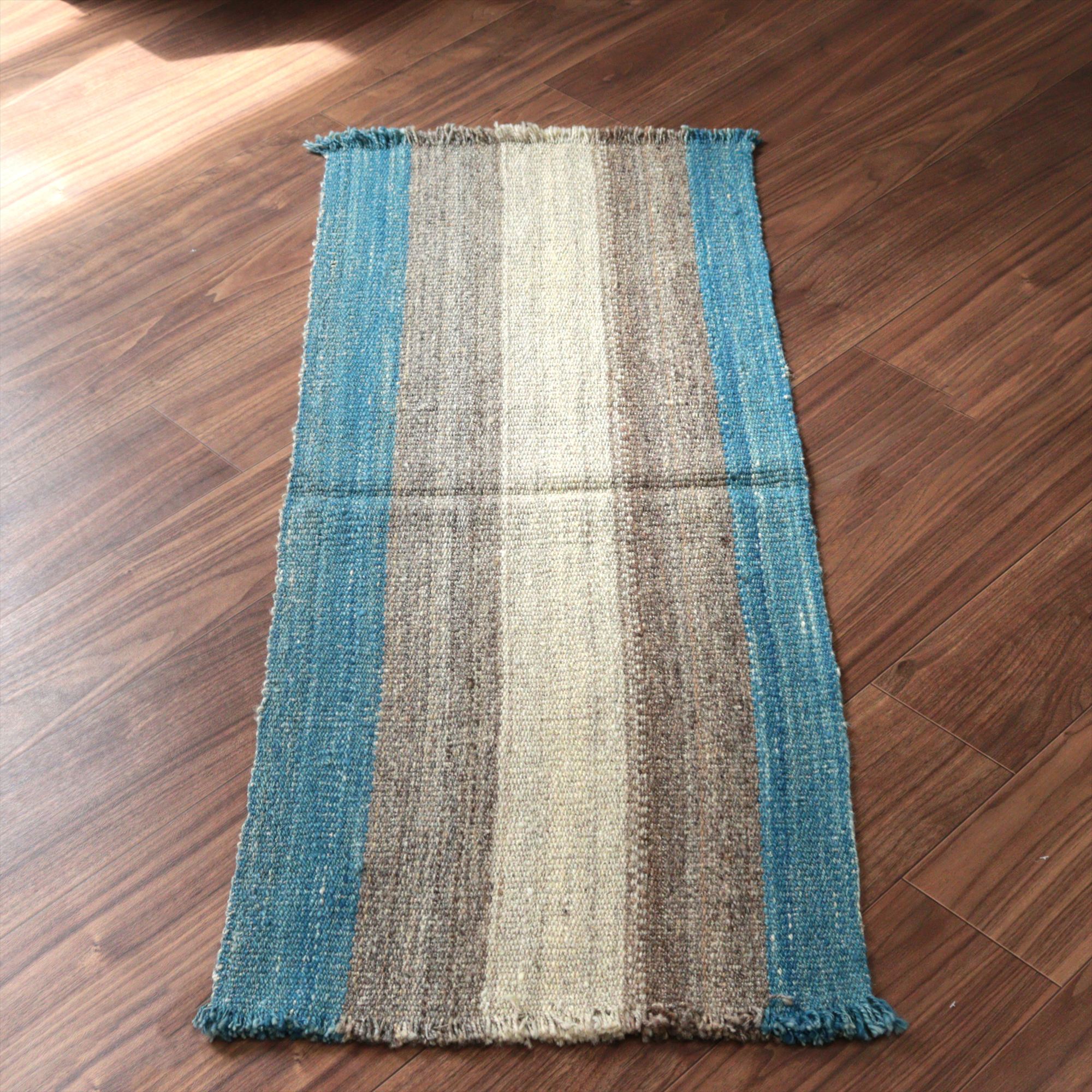 トルコの手織りキリム カルス124×50cm ブルー＆グレー ストライプ