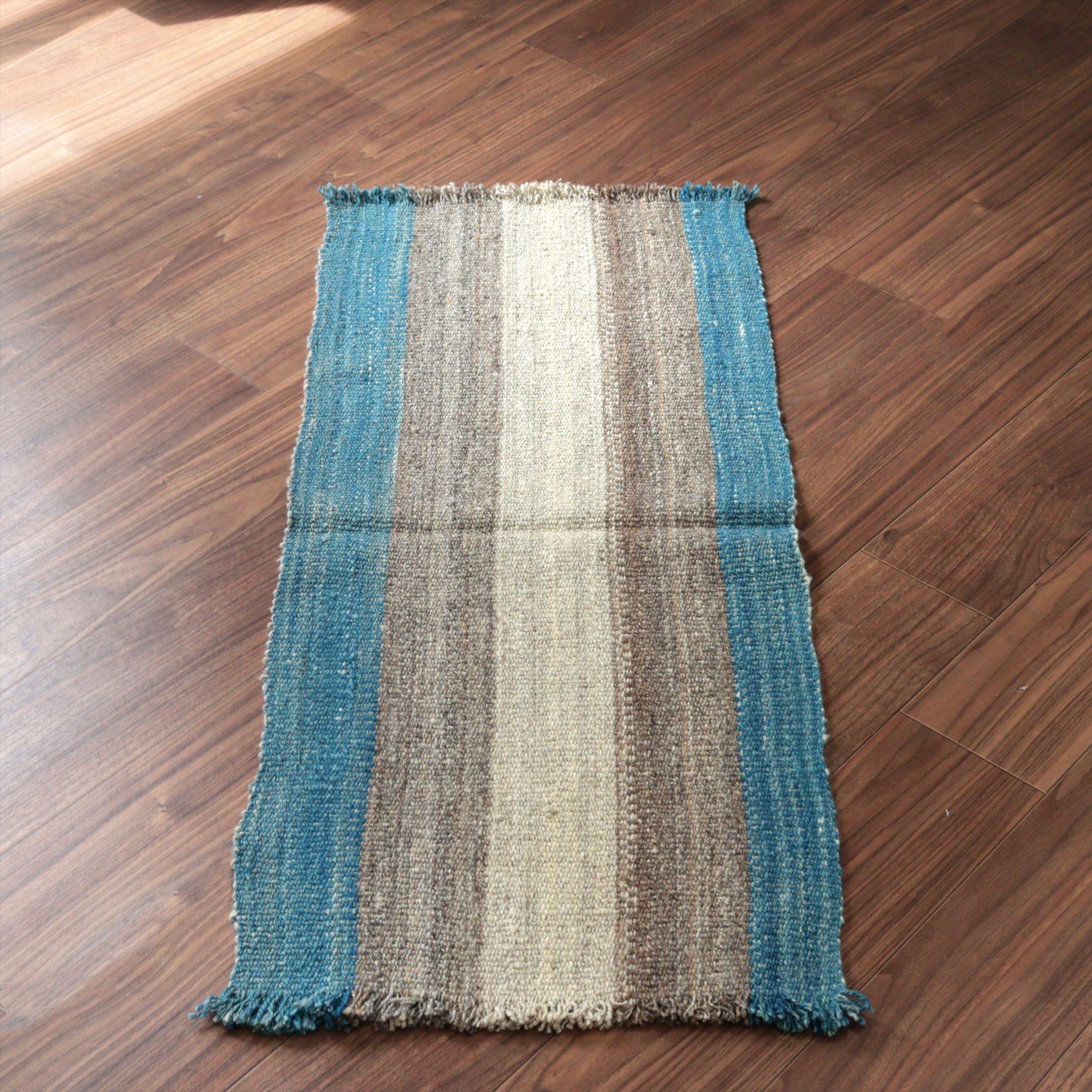 トルコの手織りキリム カルス115×49cm ブルー＆グレー ストライプ