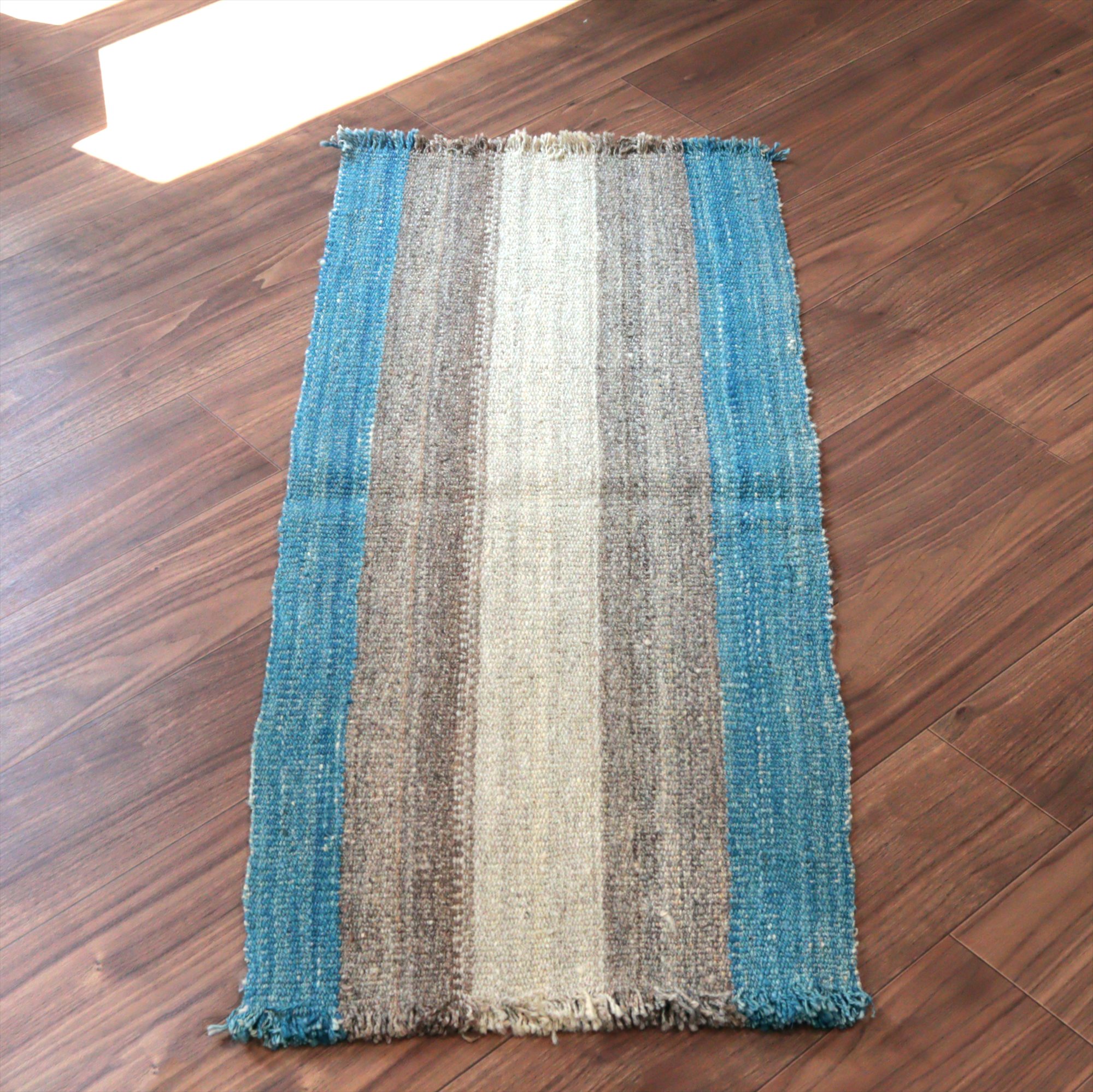 トルコの手織りキリム カルス115×49cm ブルー＆グレー ストライプ