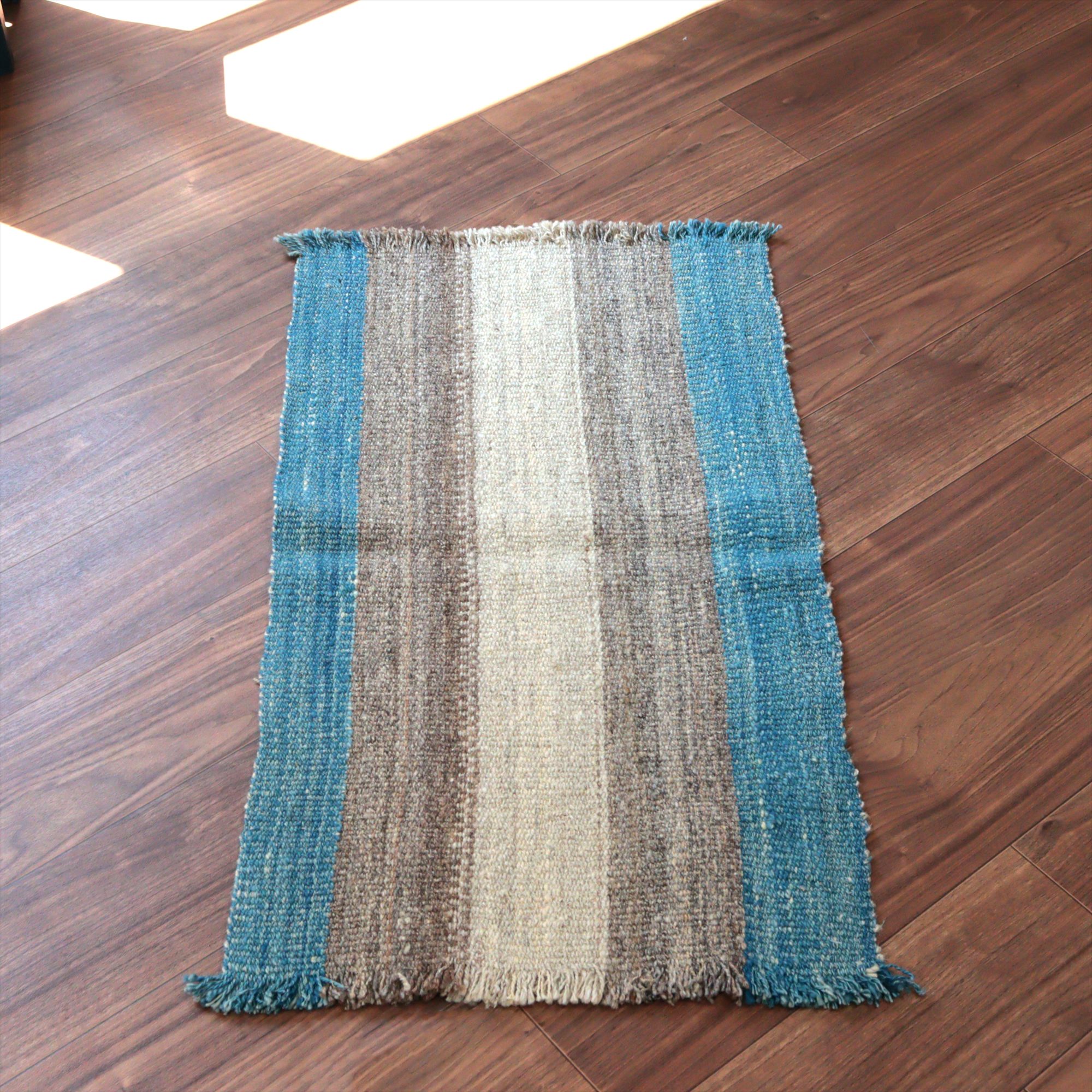 トルコの手織りキリム カルス89×48cm ブルー＆グレー ストライプ