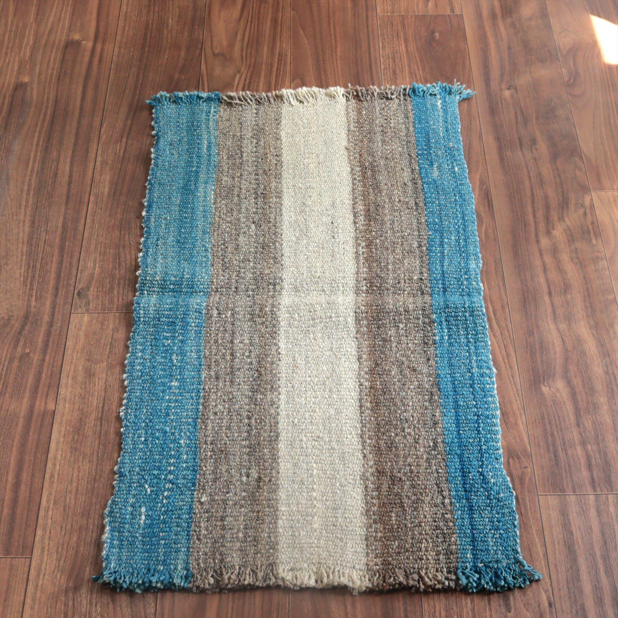 トルコの手織りキリム カルス87×47cm ブルー＆グレー ストライプ