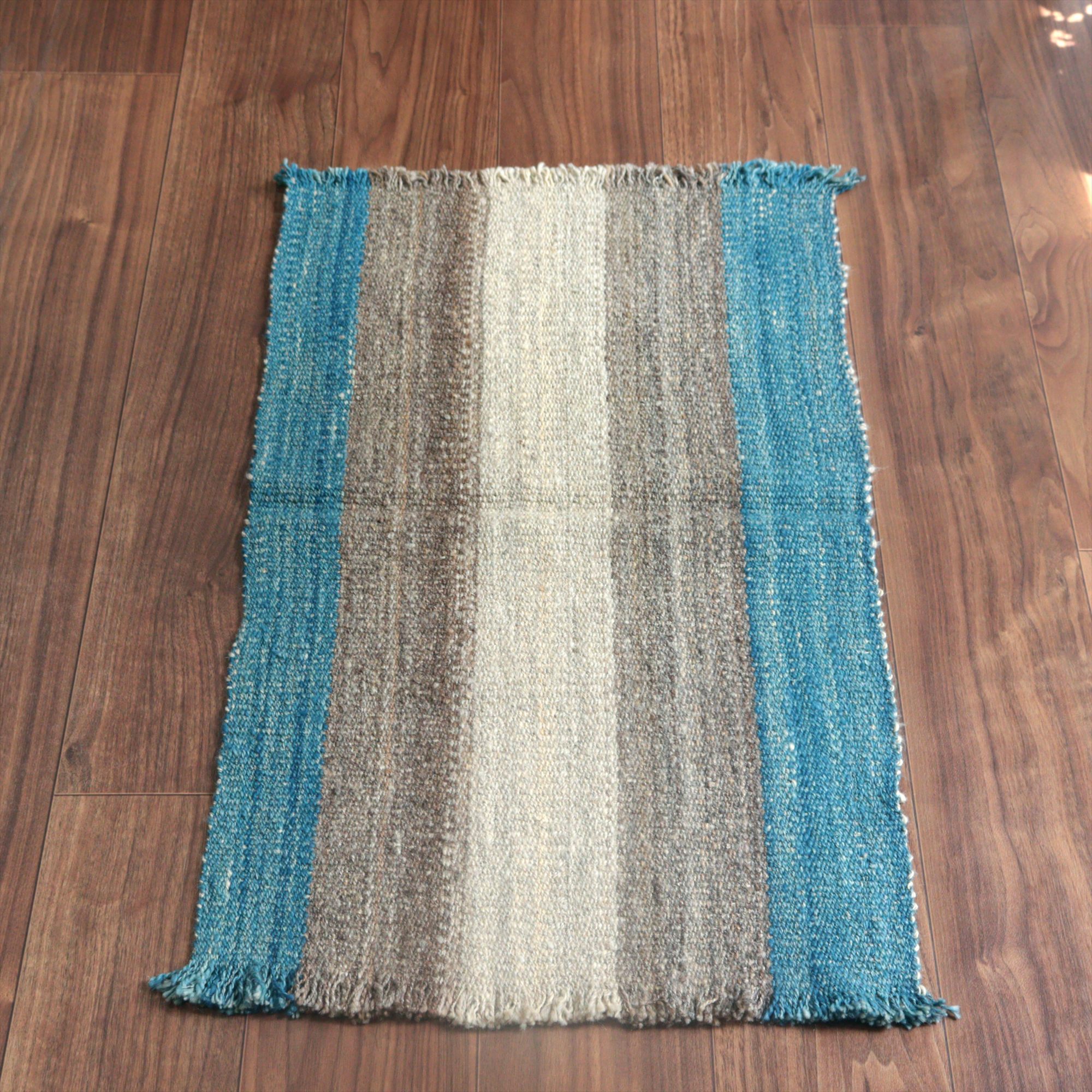 トルコの手織りキリム カルス85×49cm ブルー＆グレー ストライプ