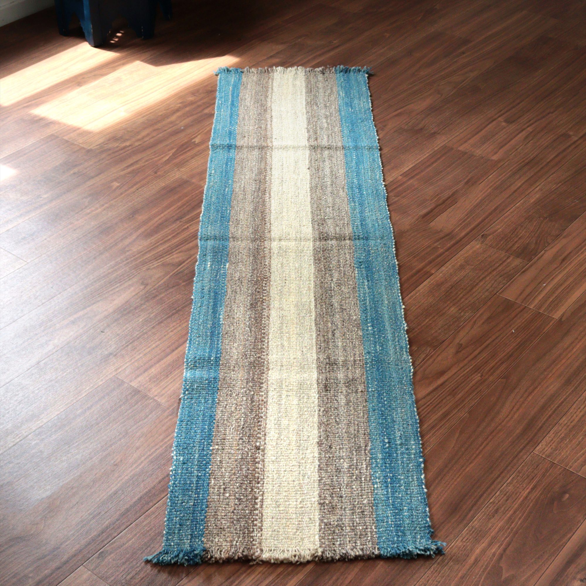 トルコの手織りキリム カルス189×46cm ブルー＆グレー ストライプ