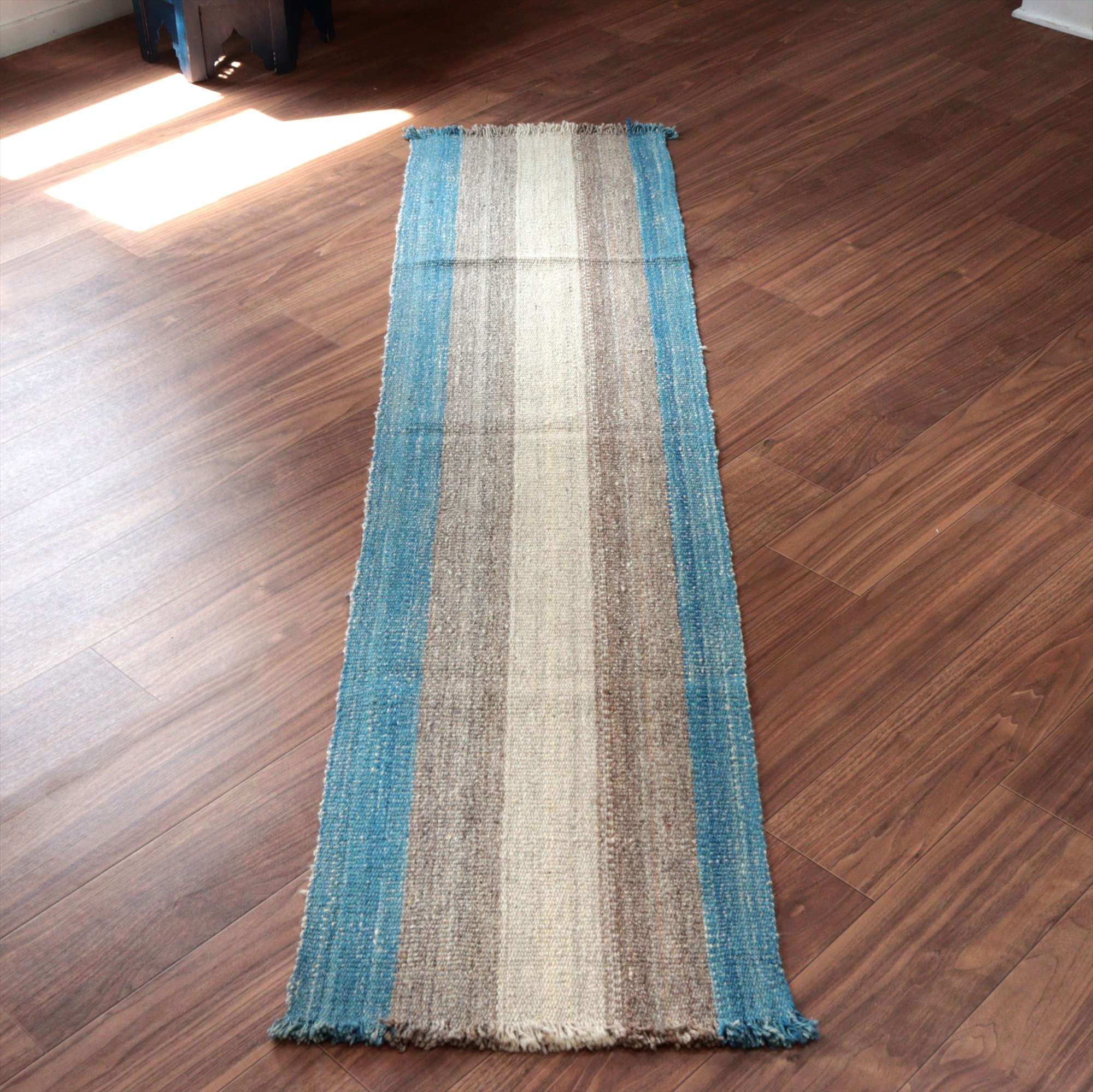 トルコの手織りキリム カルス199×47cm ブルー＆グレー ストライプ