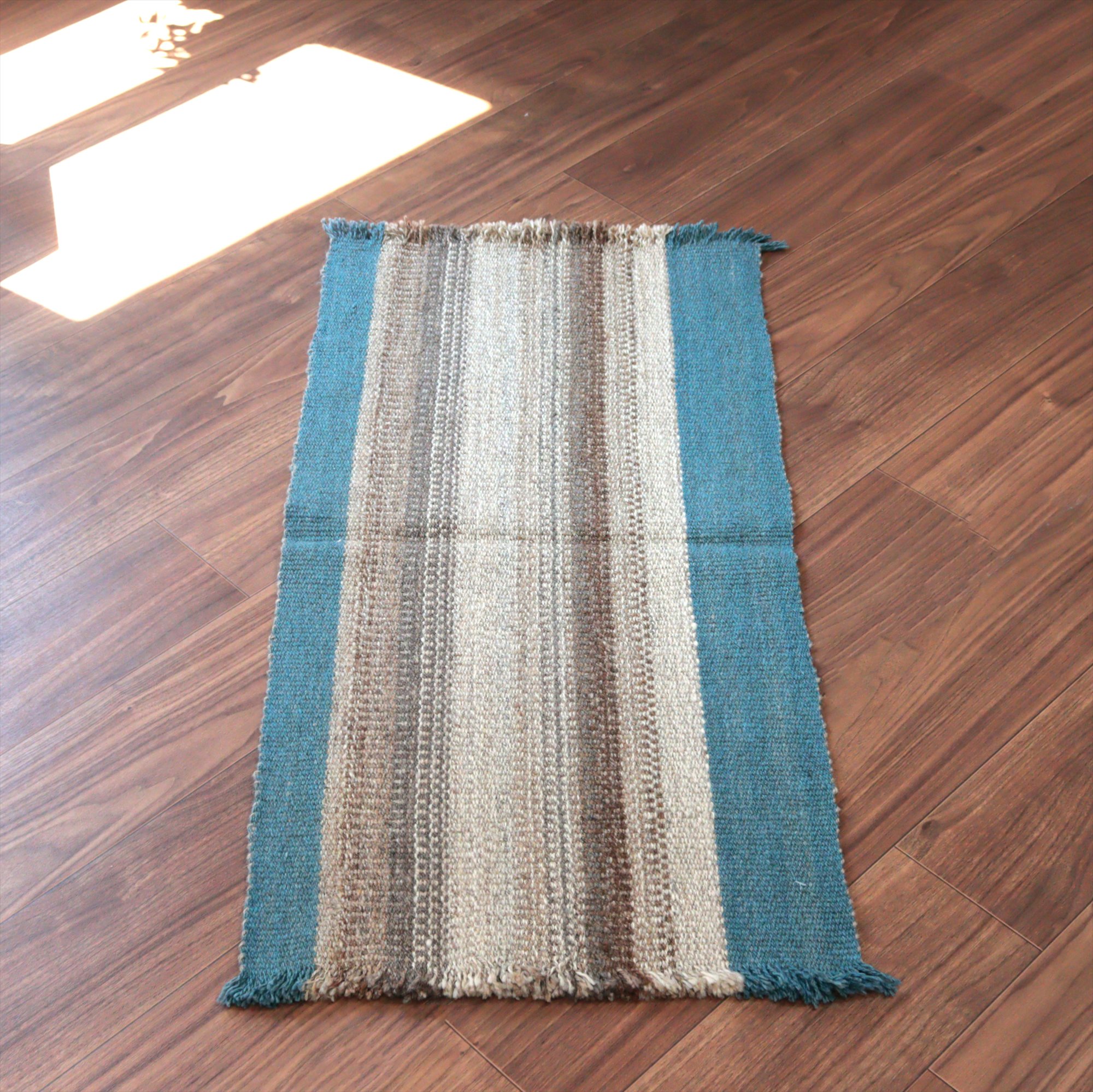 トルコの手織りキリム カルス99×50cm ブルー＆グレー ストライプ