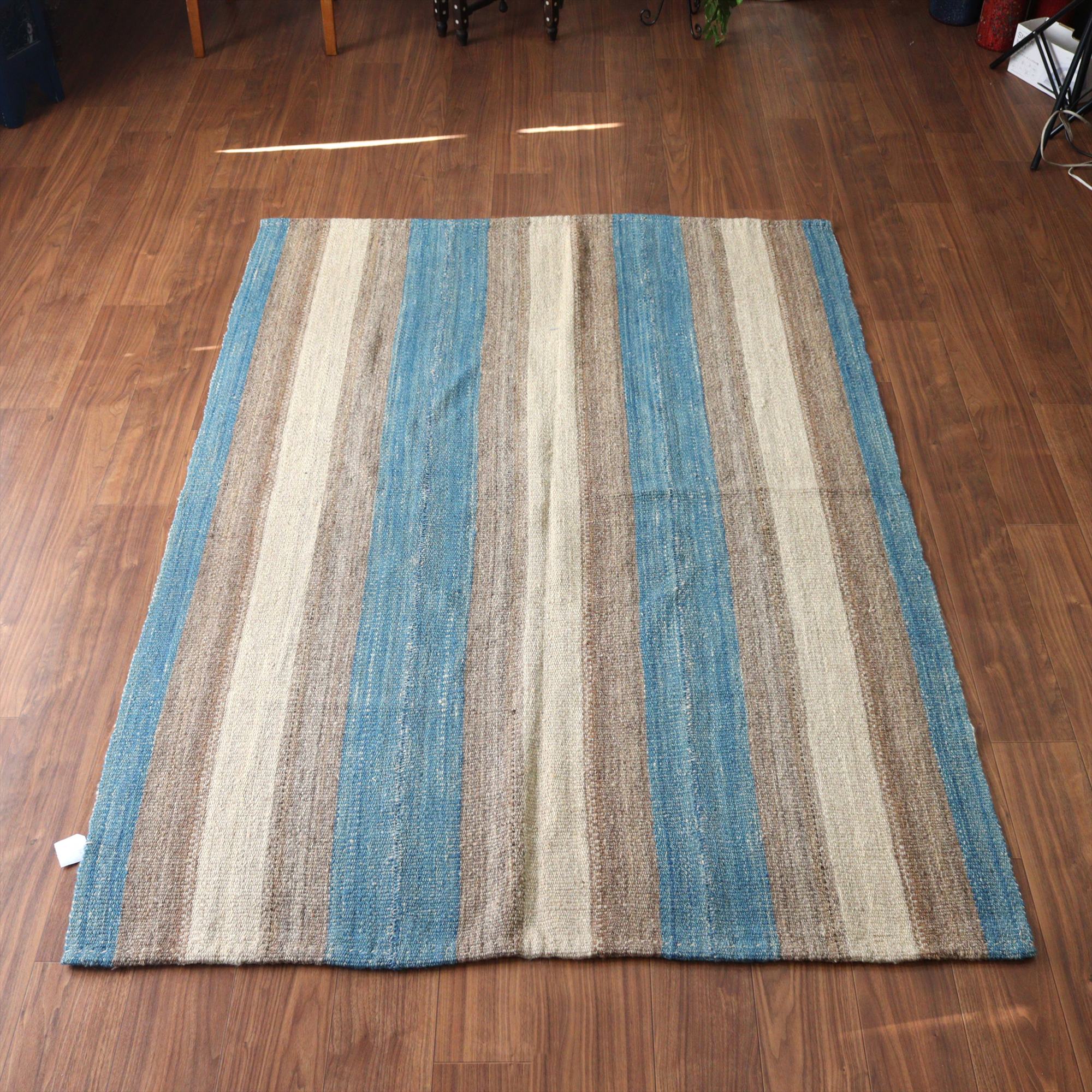 トルコの手織りキリム カルス209×147cm ストライプ アイボリー＆ブラウン