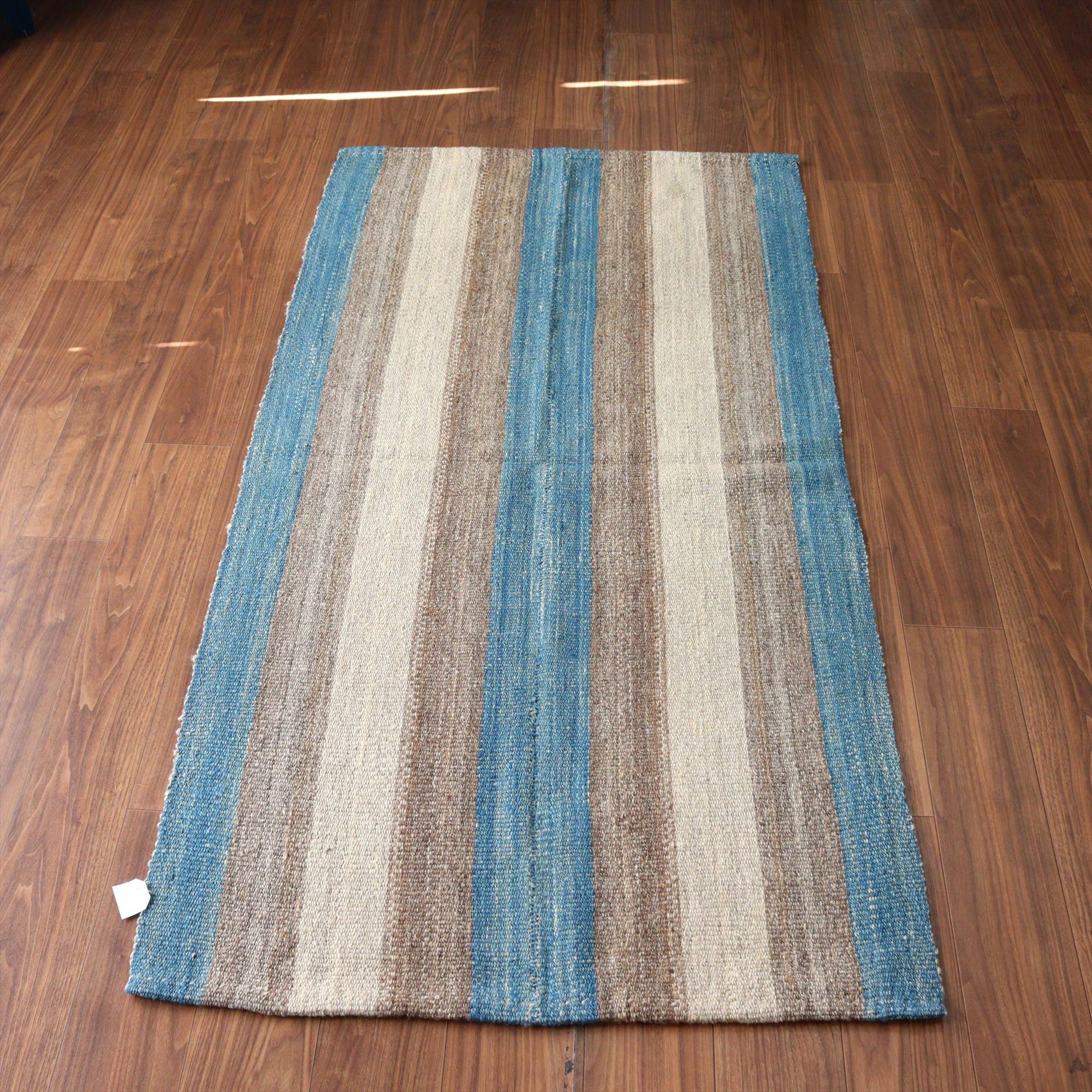 トルコの手織りキリム カルス198×99cm ストライプ アイボリー＆ブラウン