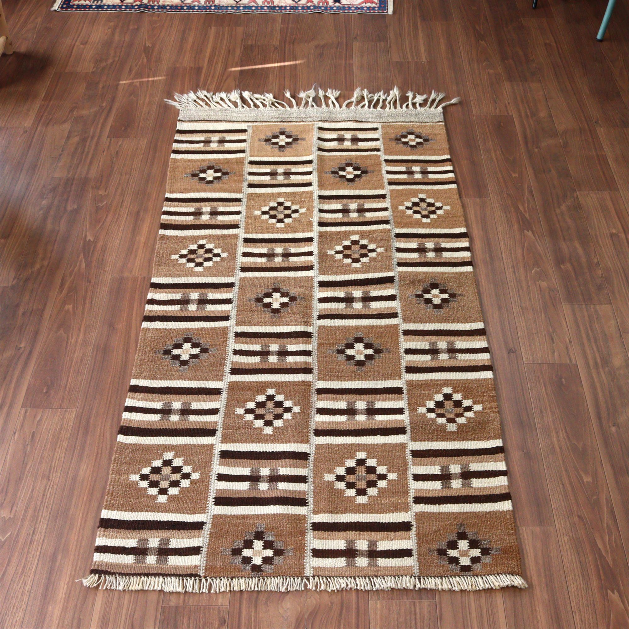 トルコの手織りキリム カルス193×100cm 幾何学モチーフ ブラウン