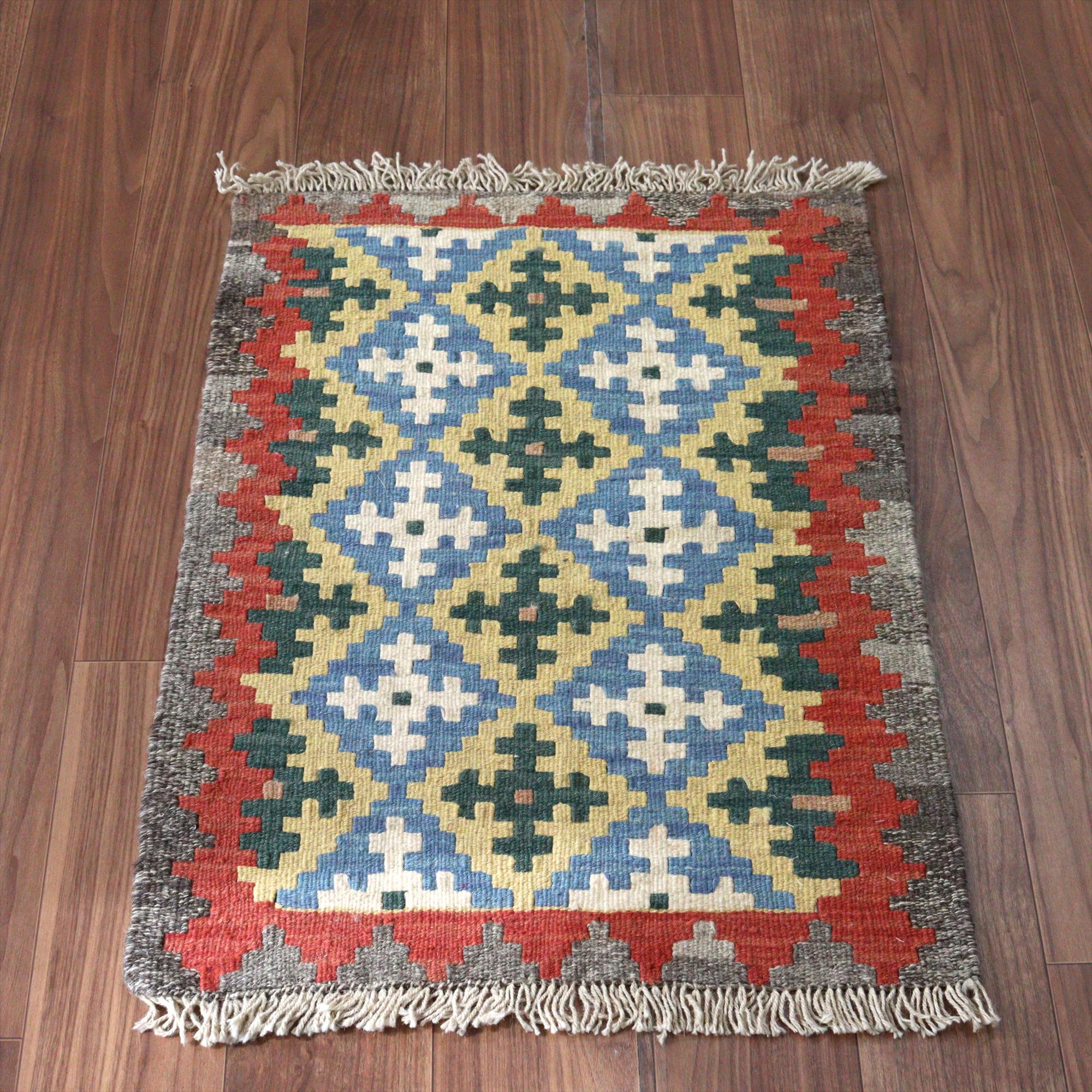 カシュカイキリム イラン 手織り87×64cm カラフルな幾何学モチーフ