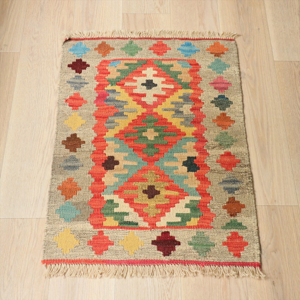 イラン手織りキリム カシュカイキリム  87×62cm カラフルな幾何学モチーフ