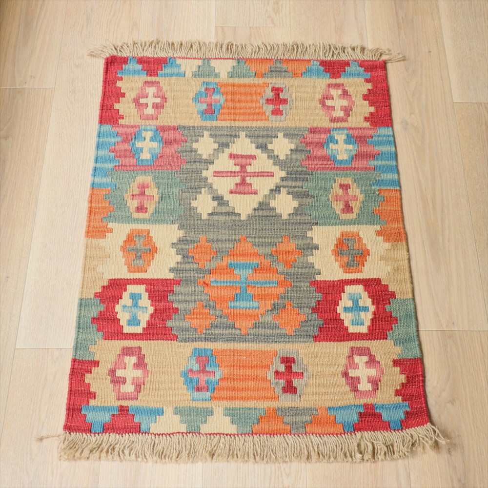 イラン手織りキリム カシュカイキリム  92×65cm カラフルな幾何学モチーフ