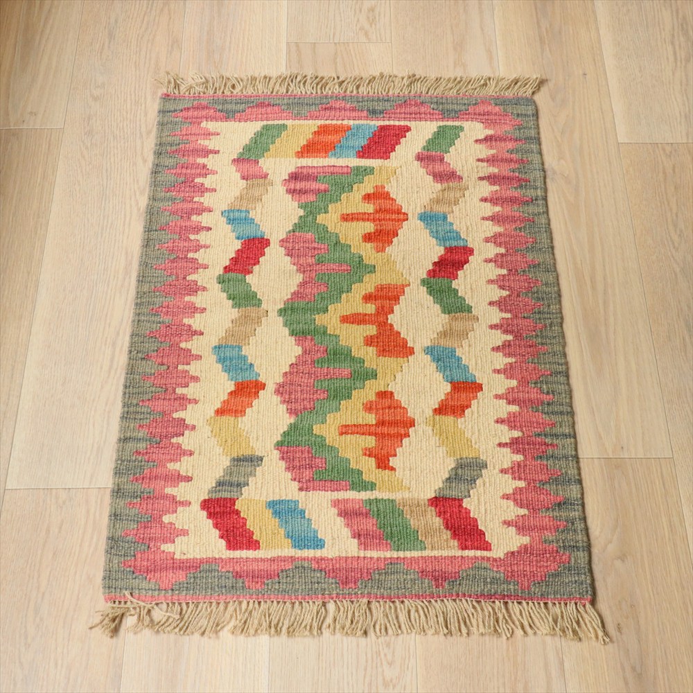 イラン手織りキリム カシュカイキリム  89×63cm カラフルな幾何学モチーフ