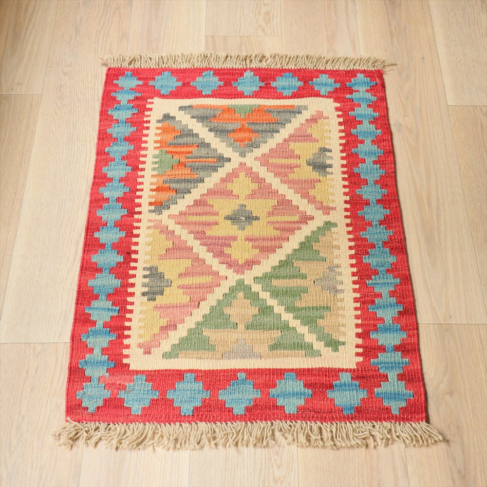 イラン手織りキリム カシュカイキリム  90×63cm カラフルな幾何学モチーフ