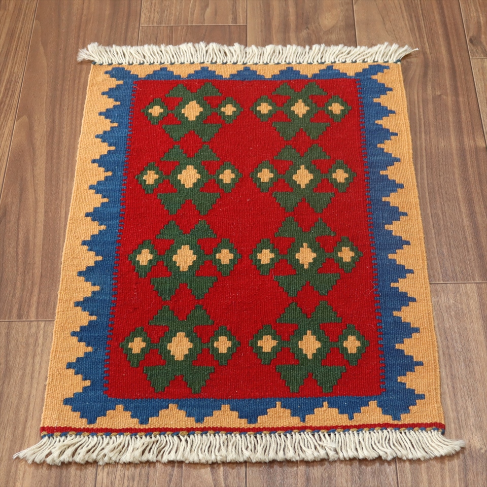 カシュカイ族の手織りキリム・シラーズ58×42cm 発色のよいカラフルモチーフ　レッド/イエロー
