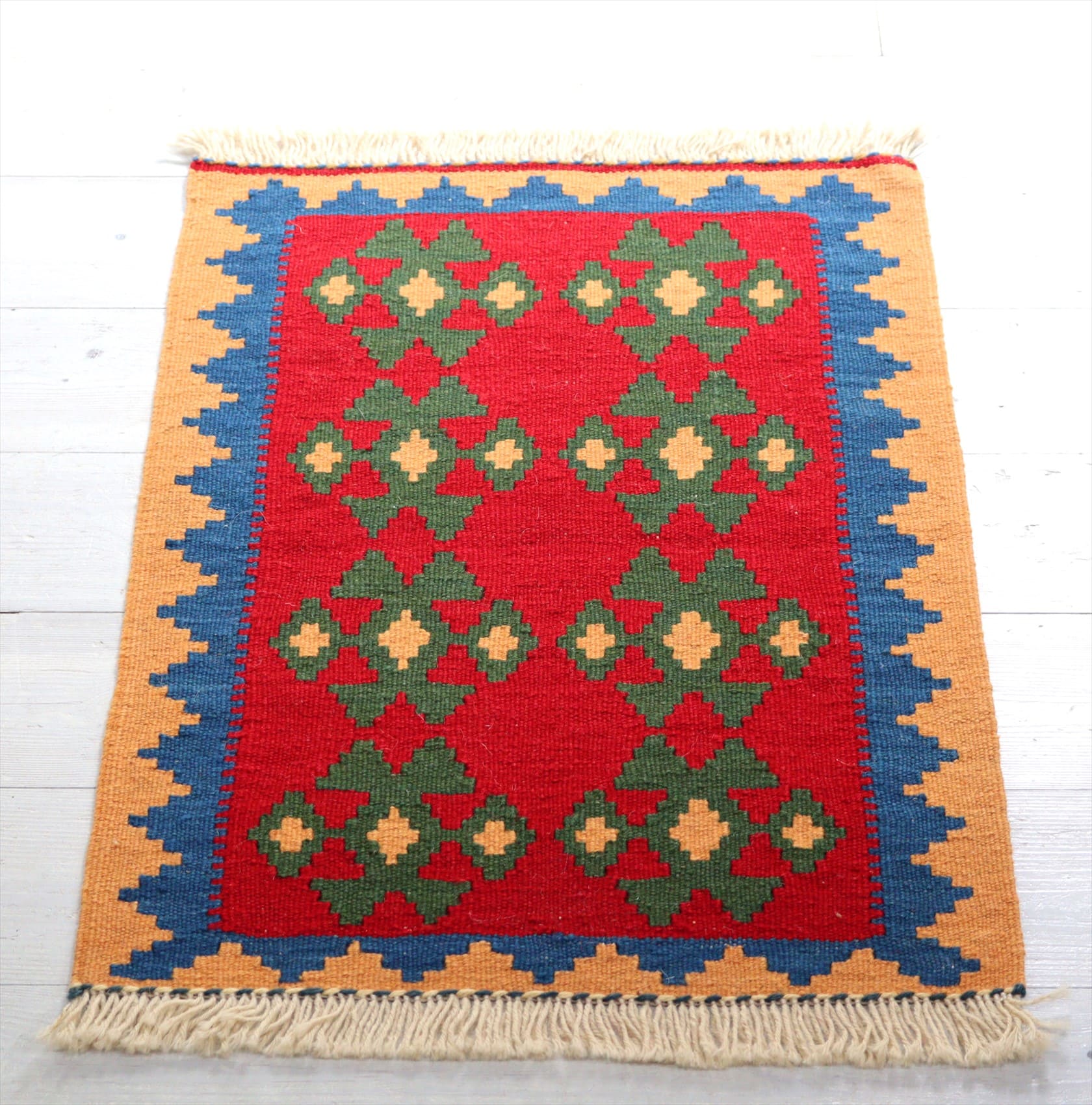 カシュカイ族の手織りキリム・シラーズ58×42cm 発色のよいカラフルモチーフ　レッド/イエロー