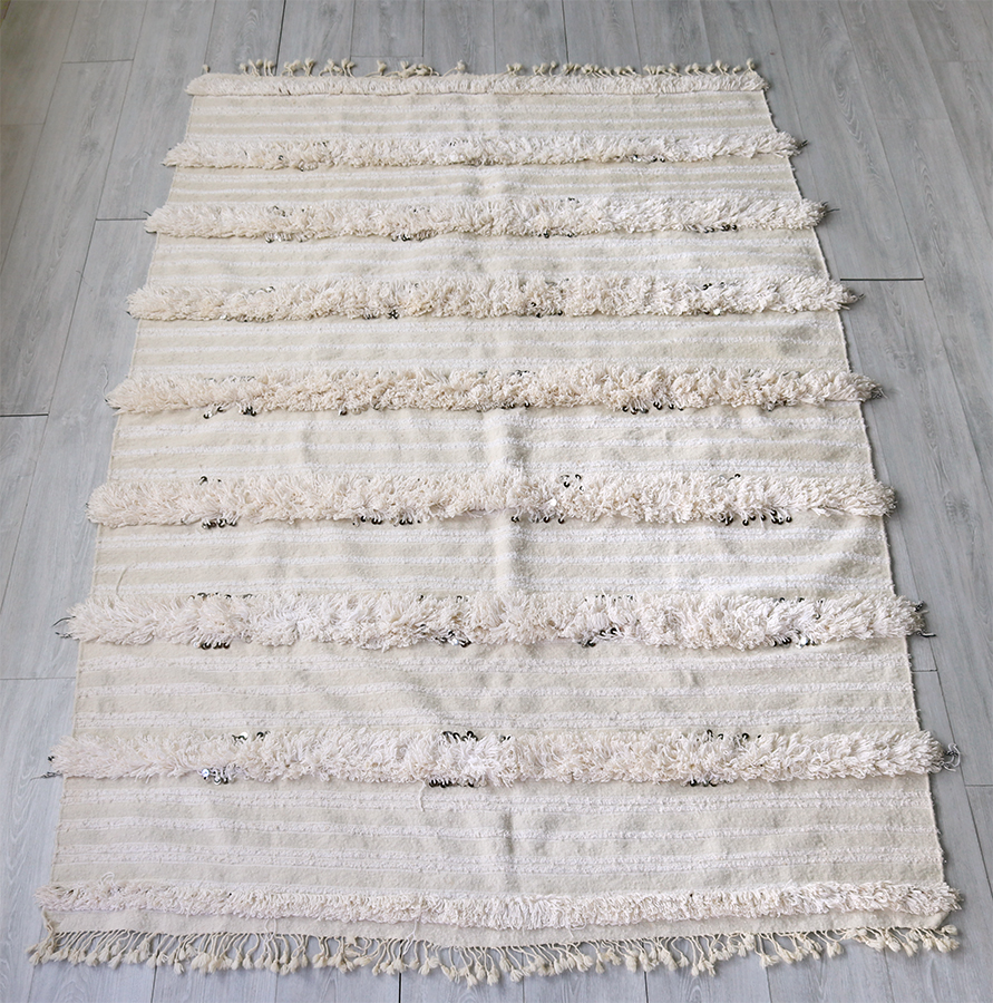 モロッコ・ウエディング用のブランケットキリム　Moroccan Wedding Blankets221×148cm ホワイト・ベッドスロー