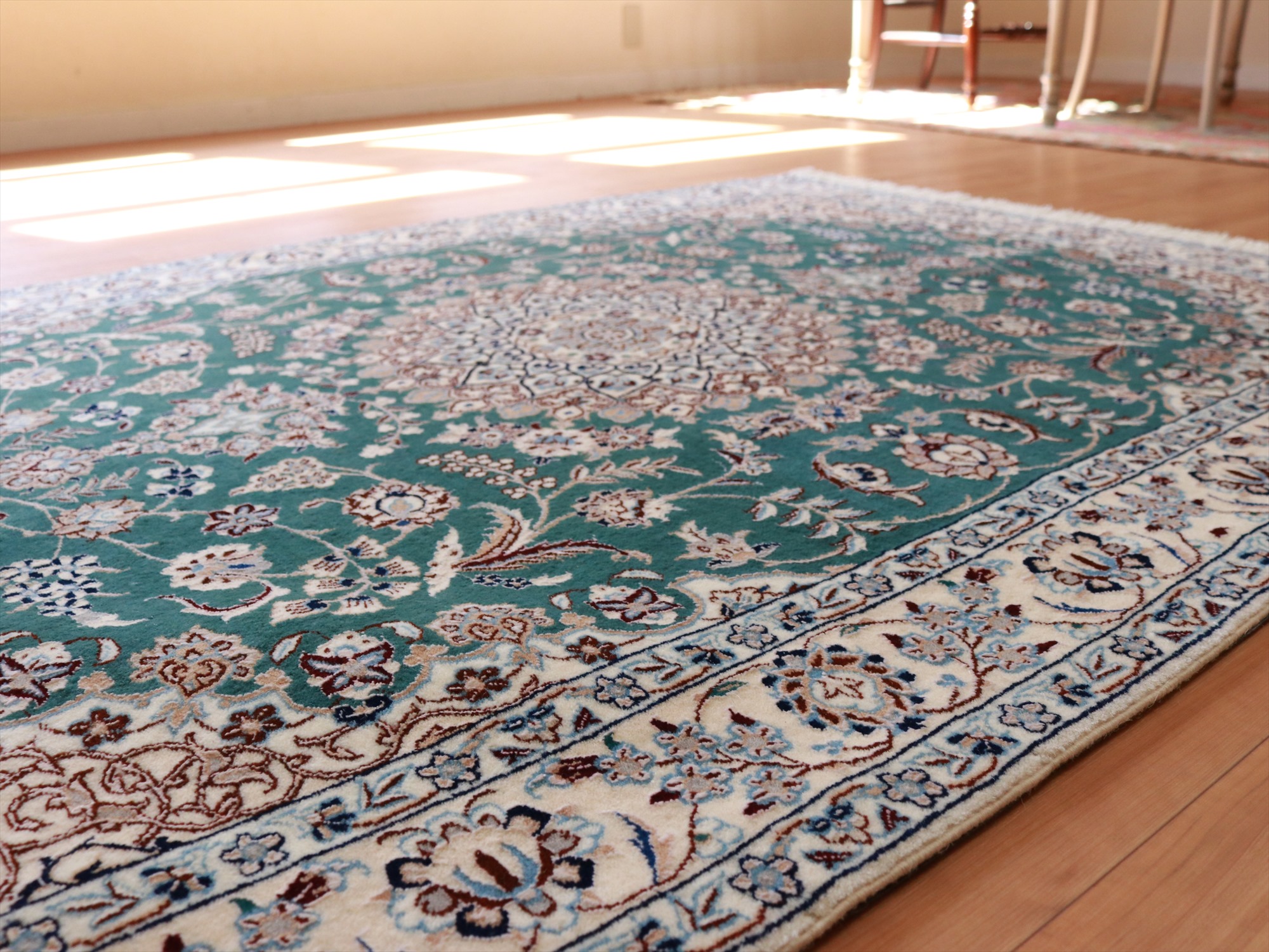ペルシャ絨毯 ナイン産 6La 150×110cm グリーン/ベージュ 手織り 