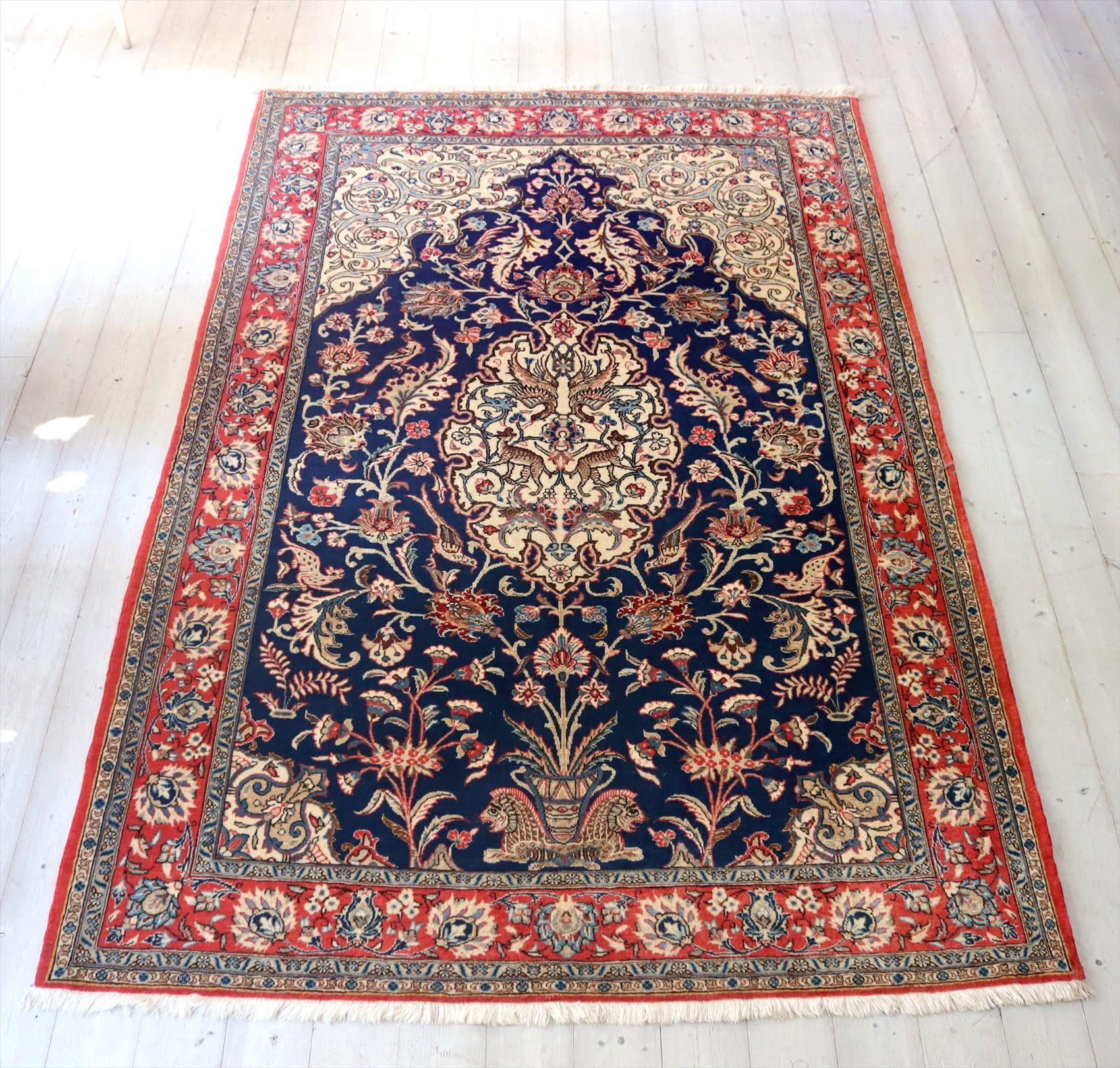 ペルシャ絨毯 クム産手織りウールラグ218×140cm リビングサイズ ネイビー/ミフラープデザイン