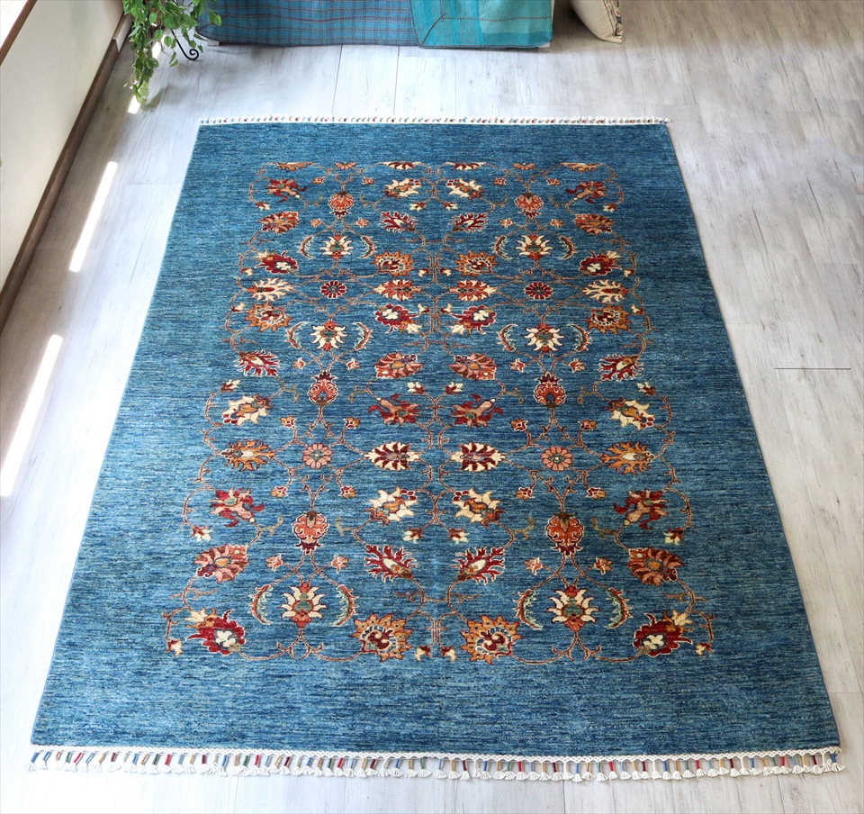 トルコの手織り絨毯・コンヤ242×175cm スザンニアンティークデザイン・ブルーグリーン