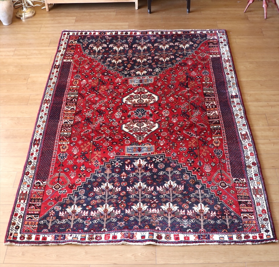 オールドラグ　カシュカイ族の手織り絨毯 244x166cmレッド/ネイビー　部族絨毯