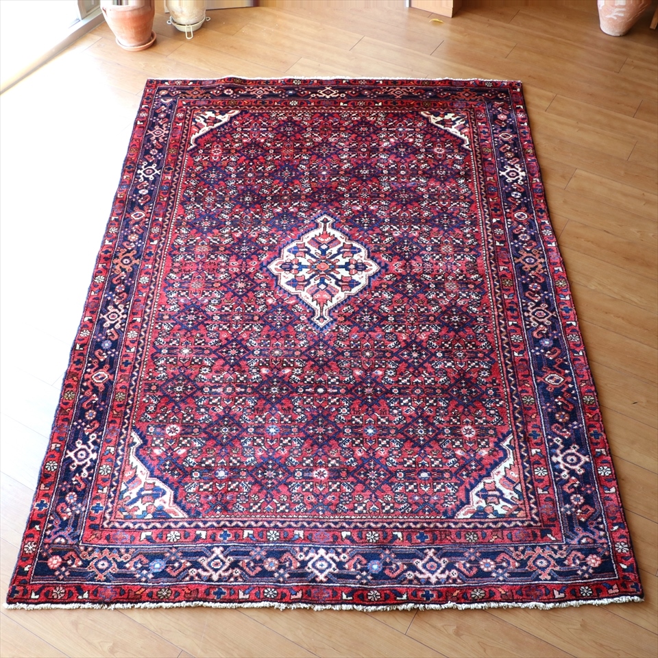 部族絨毯 トライバルラグ ハマダン　イラン西部 223x155cm　レッド/ネイビー/ホワイト
