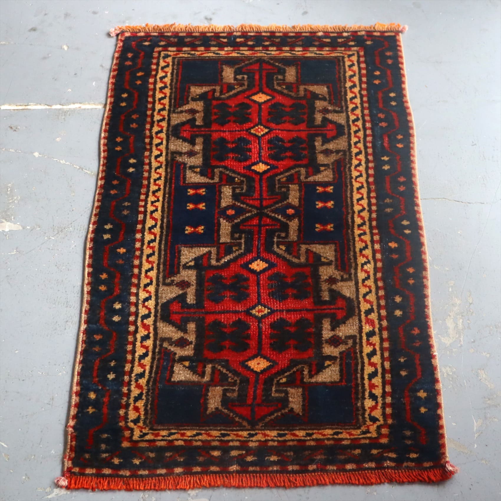 オールドカーペット　トルコ絨毯/ヤストゥク90×46cm レッド＆ブルー