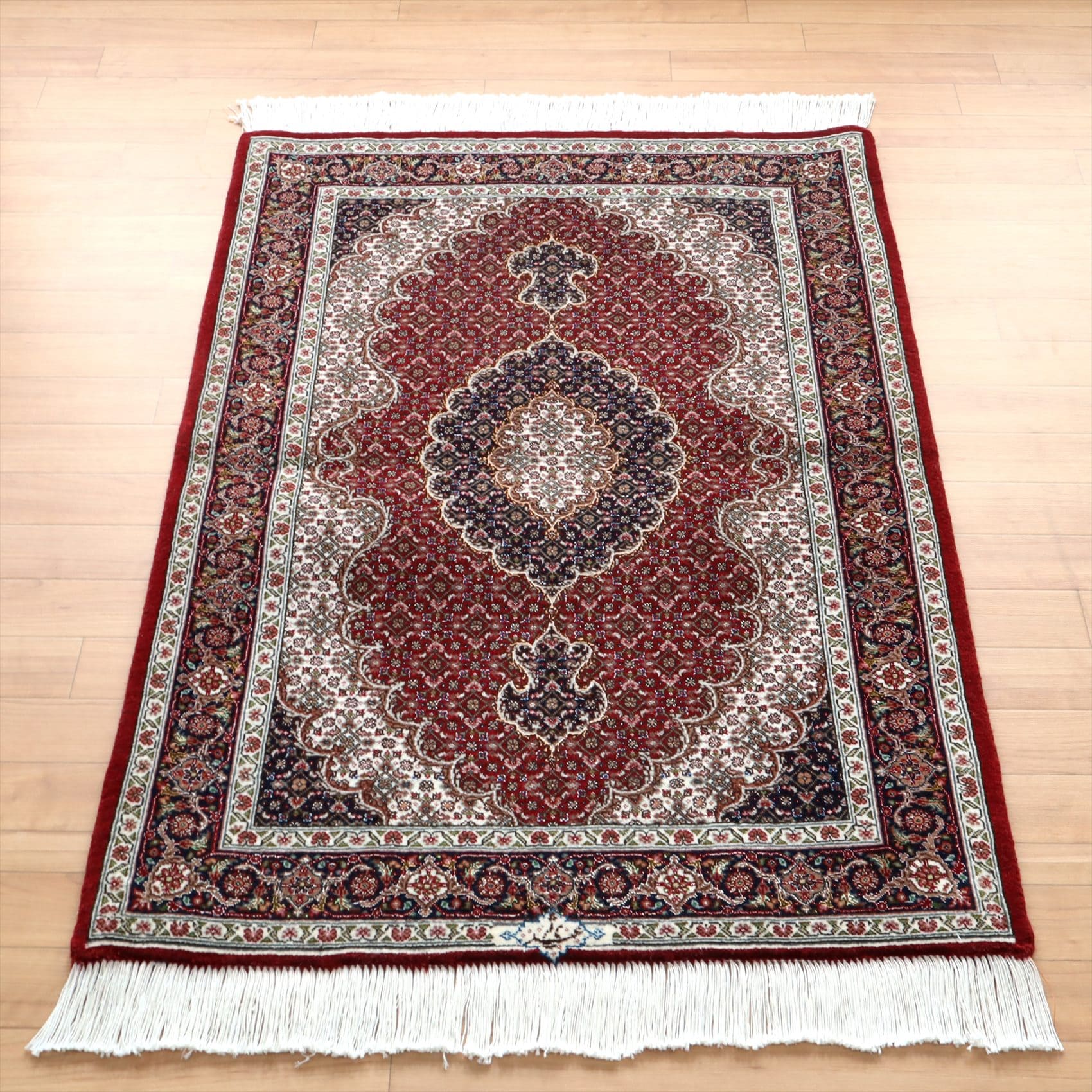 ペルシャ絨毯 タブリーズ産マヒ 玄関マット120×82cm ボルドー / ネイビー メダリオン・マヒ
