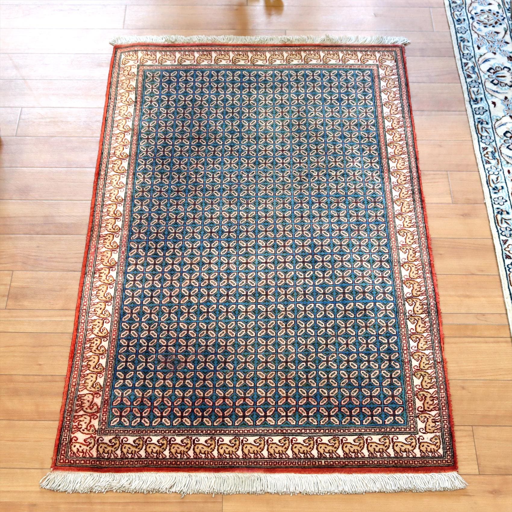 ペルシャ絨毯 クム産90×58cm ターコイズ アイボリー