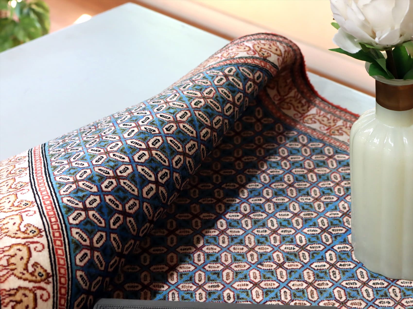 ペルシャ絨毯 クム産90×58cm ターコイズ アイボリー / ガラタバザール