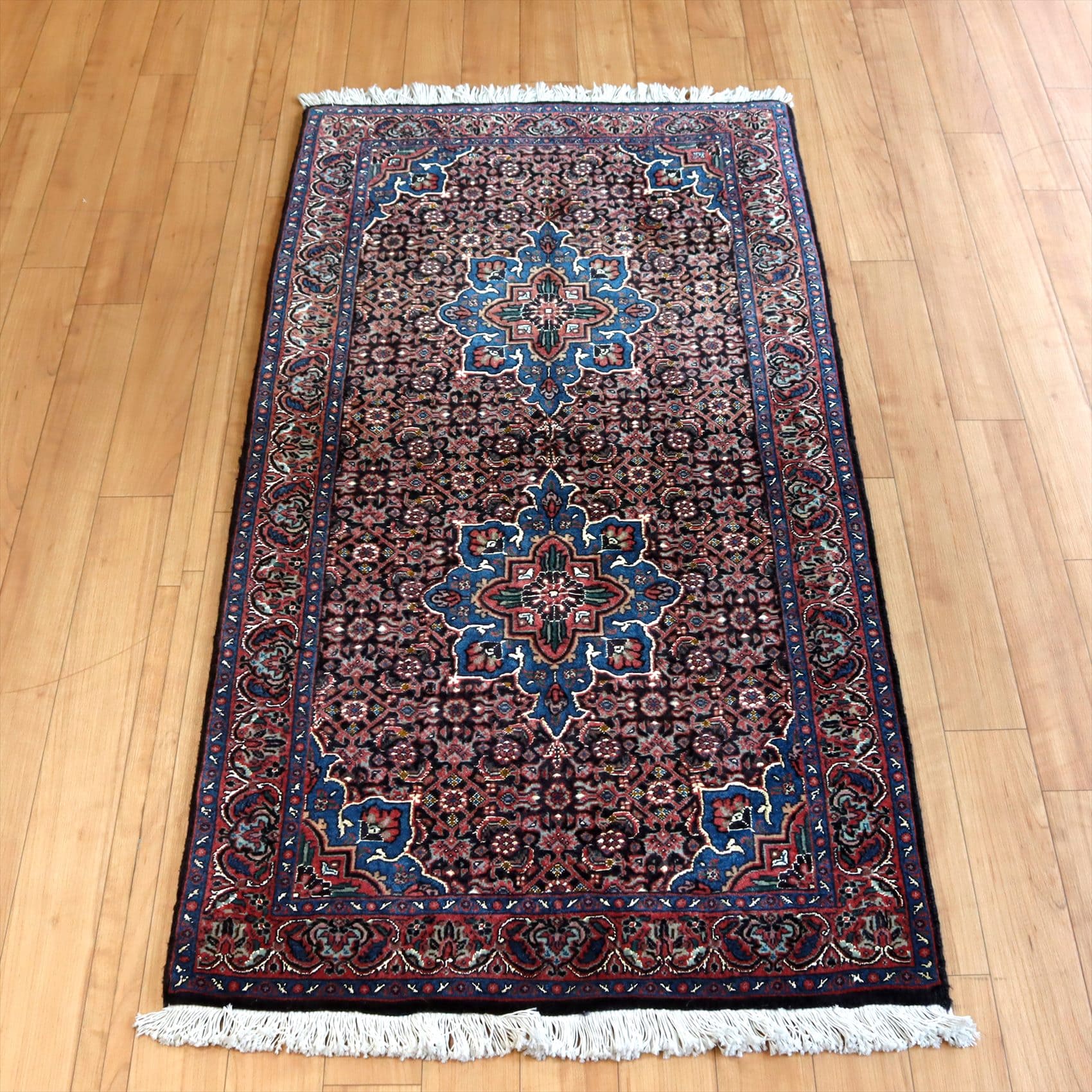 手織り絨毯 ビジャール121×62cm ブルーのメダリオン