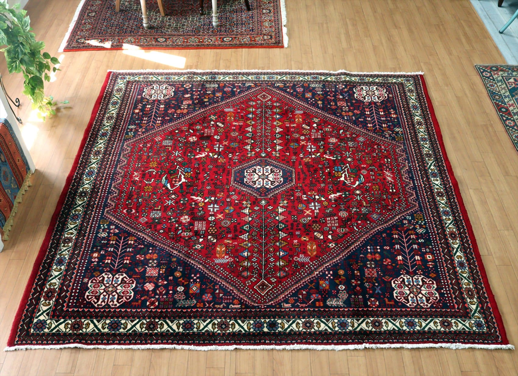 部族絨毯 トライバルラグ アバデ200×213cm 六角形の赤いメダリオン スクエア