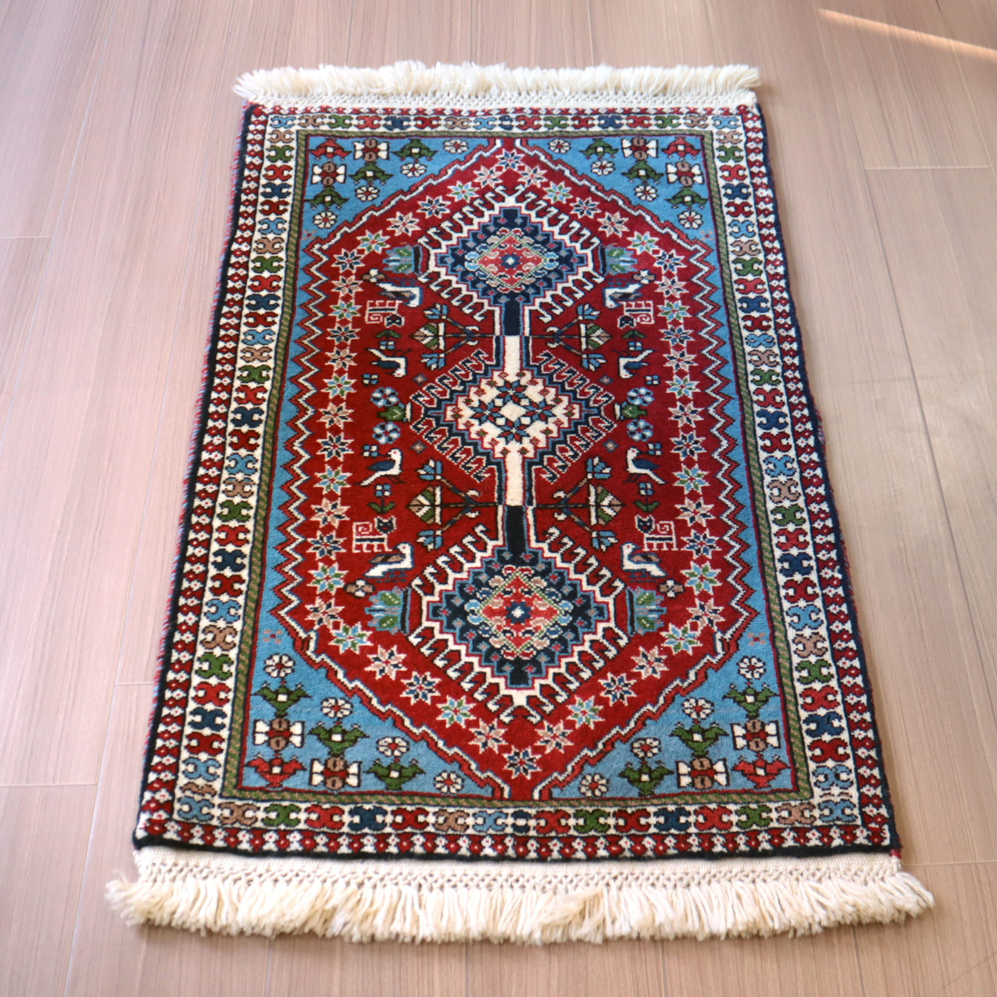 ヤラメ 部族絨毯 手織りラグ102×62cm レッド ターコイズブルー