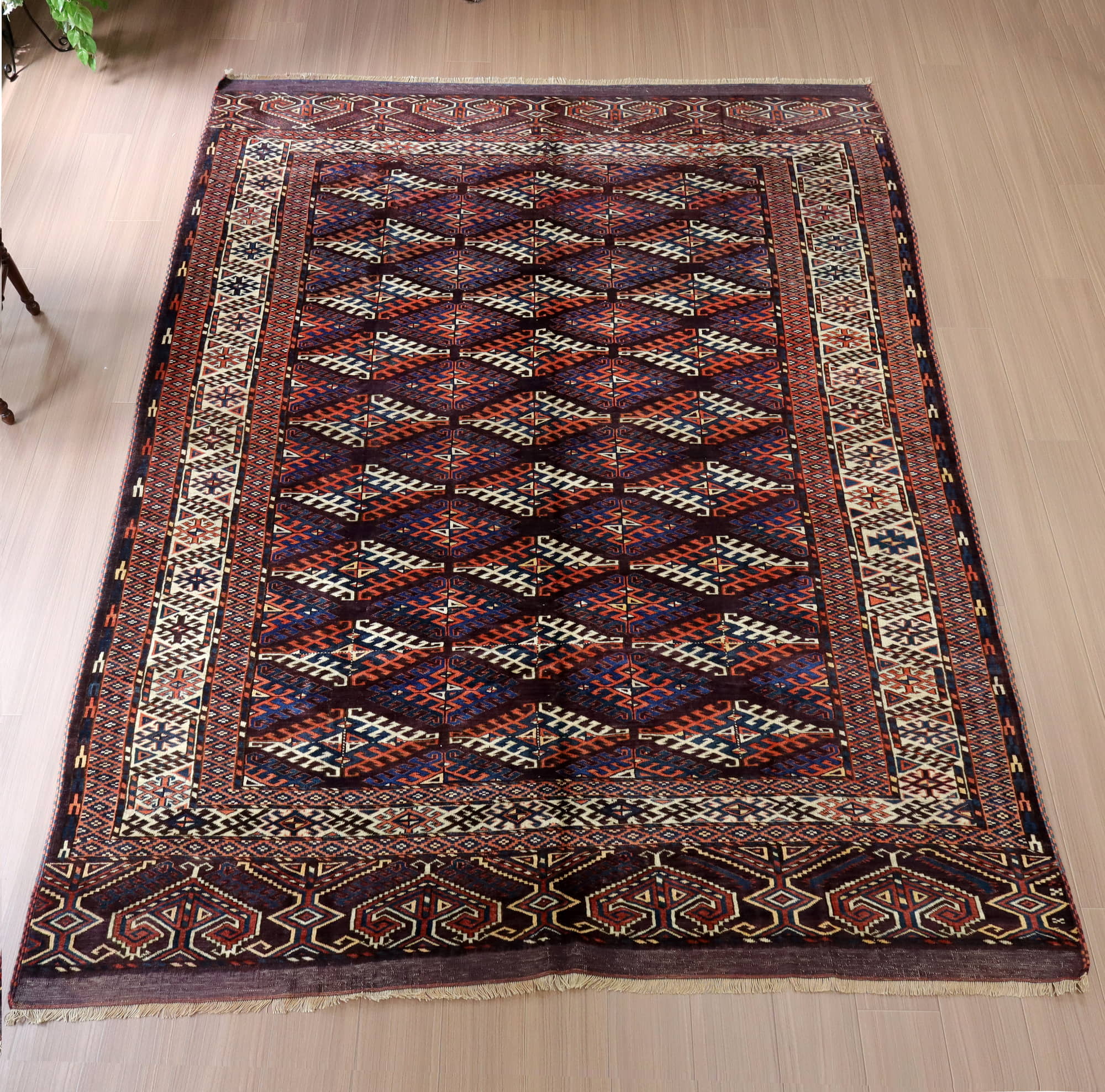 トライバルラグ 部族絨毯 手織り282×203cm トルクメン ヤムート族　赤紫 幾何学文様