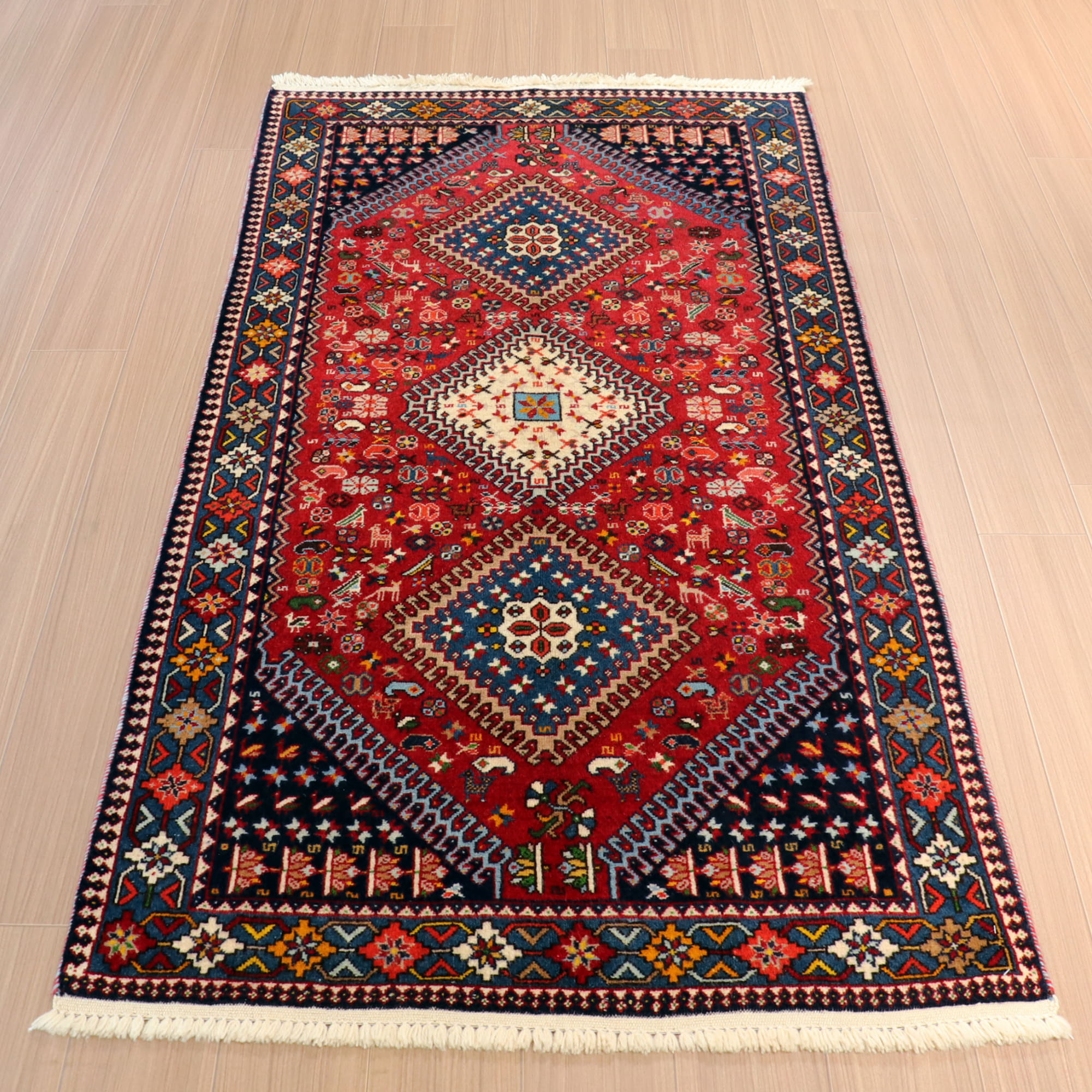 部族絨毯　トライバルラグ　ヤラメ197×102cm 赤い六角メダリオン