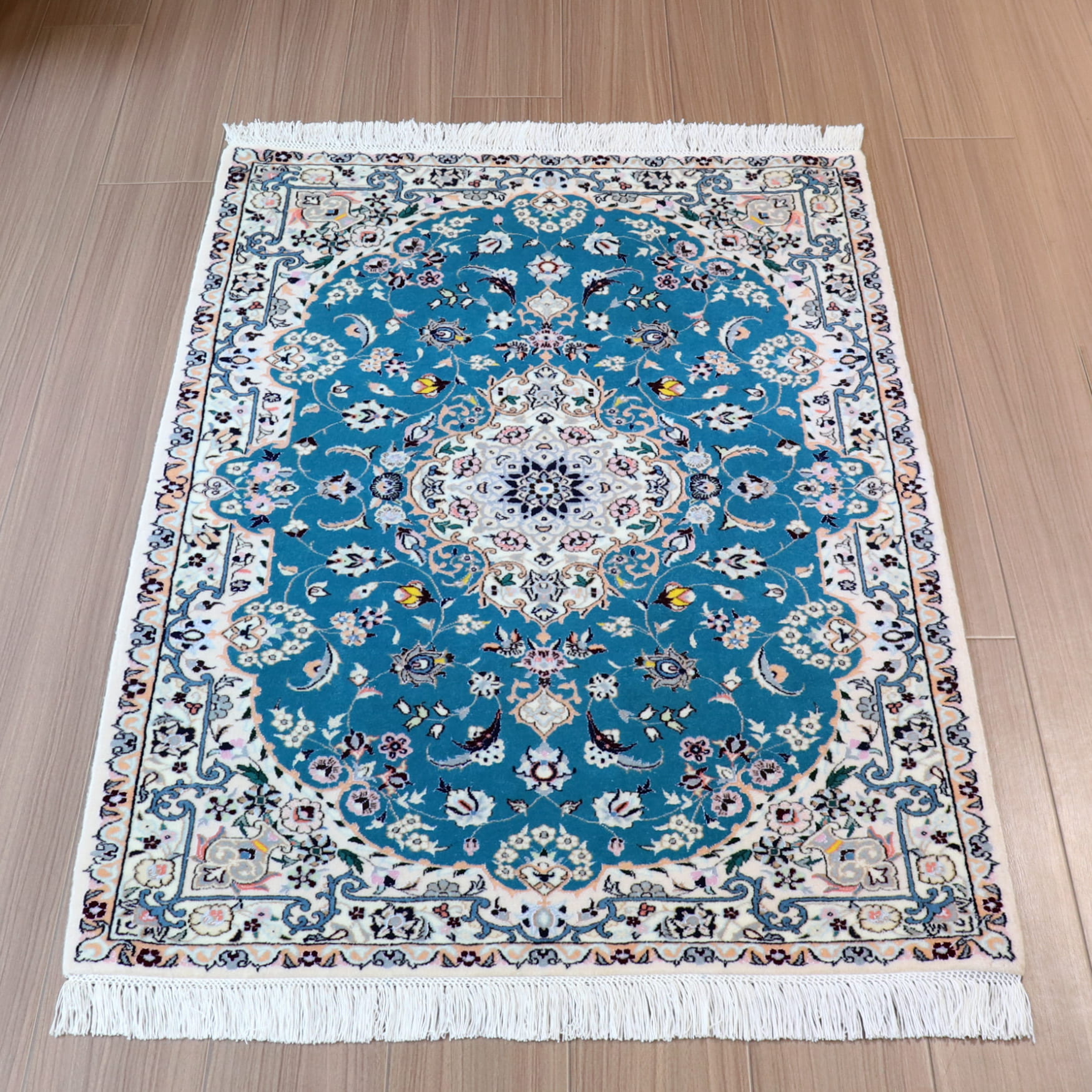 ペルシャ絨毯　ナイン産 6L126×86cm ピーコックブルー オーバルメダリオン