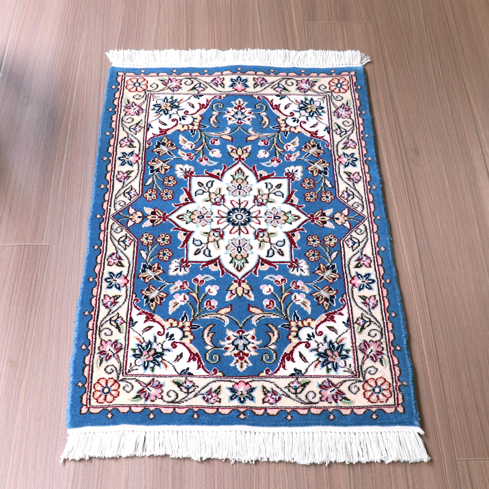 ペルシャ絨毯　ナイン産 9L 81×51cm ブルーのメダリオン　玄関マットサイズ