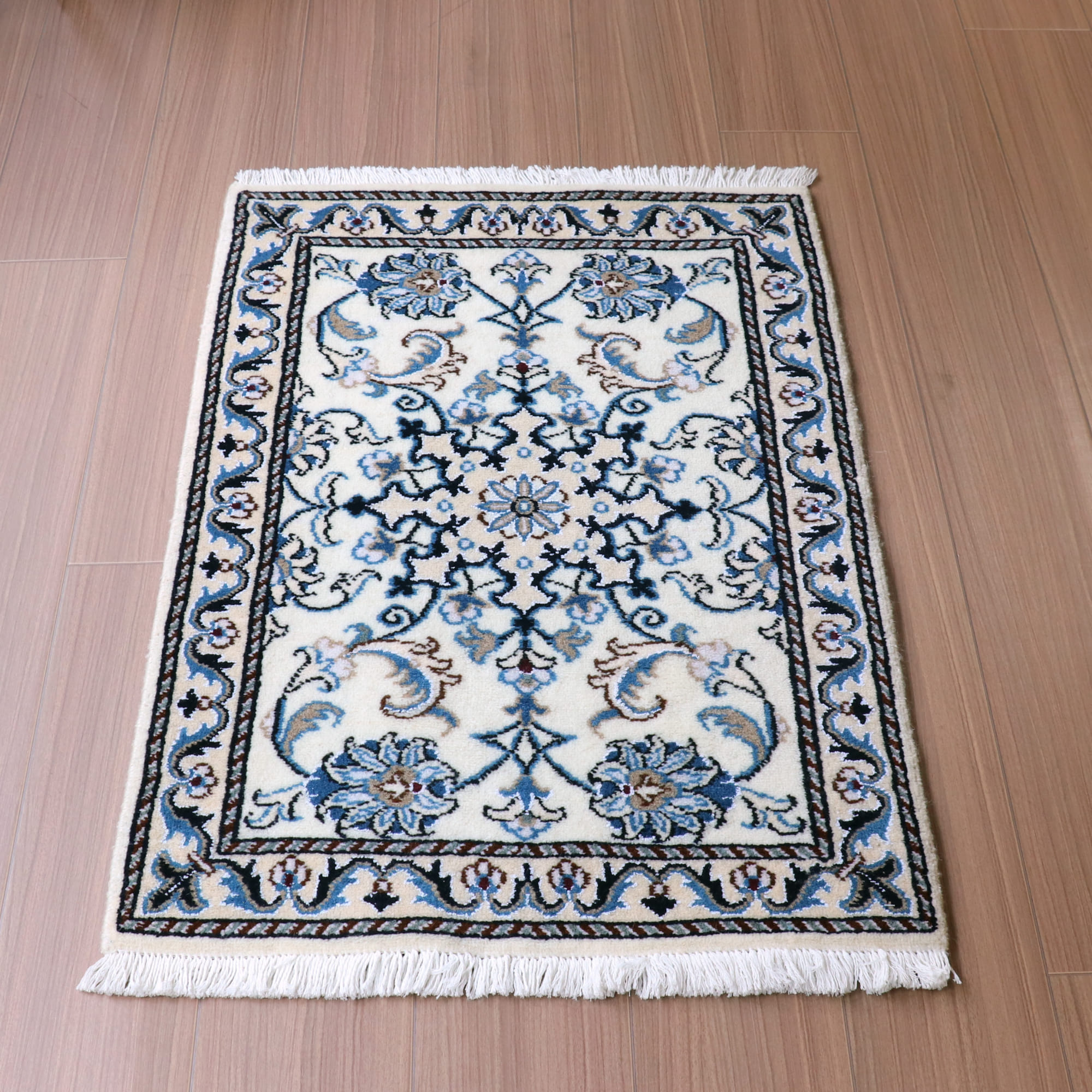ペルシャ絨毯　ナイン産 12L 88×60cm 花のアラベスク　アイボリー　玄関マットサイズ