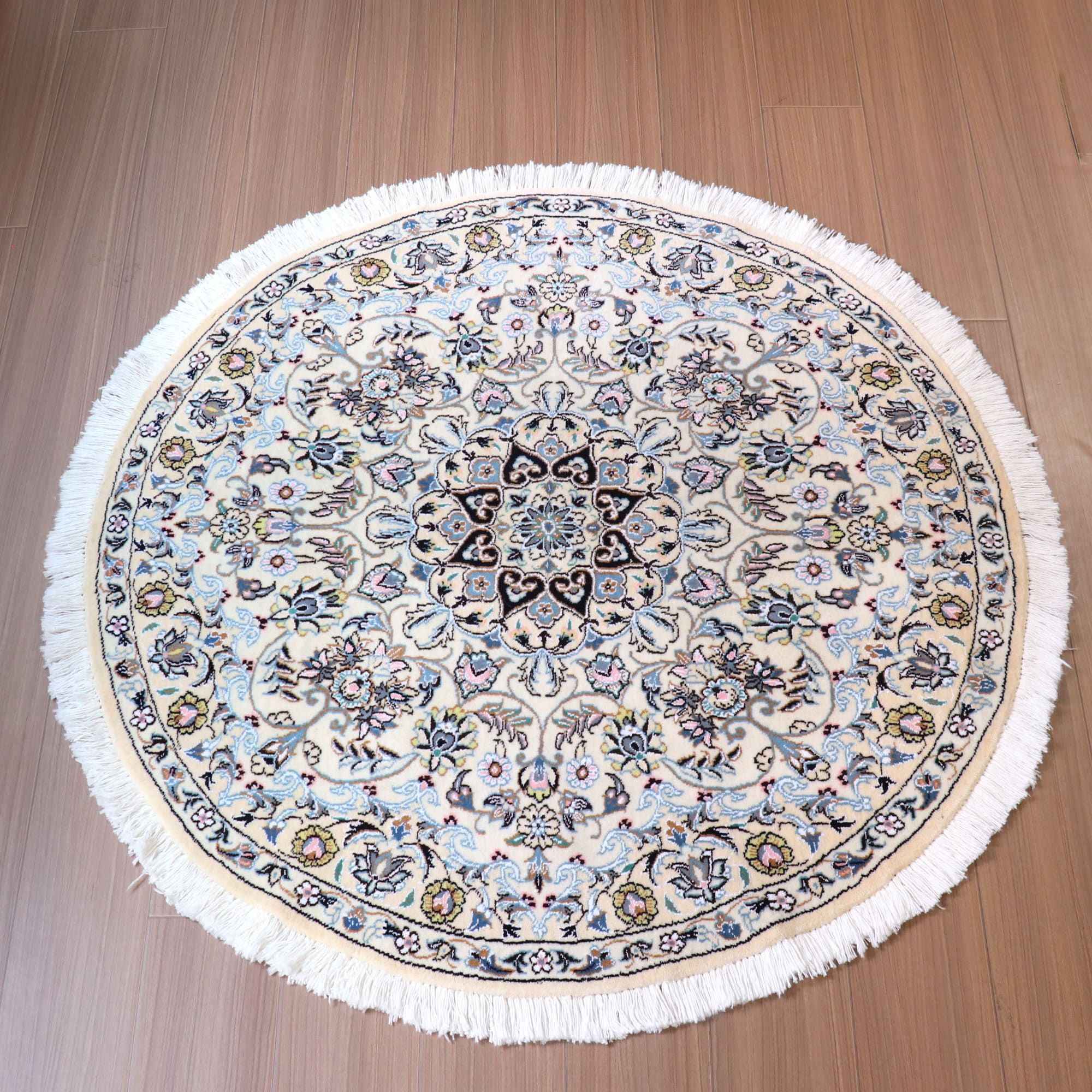 ペルシャ絨毯　ナイン産 9L　円形113×113cm アイボリー 花のアラベスク