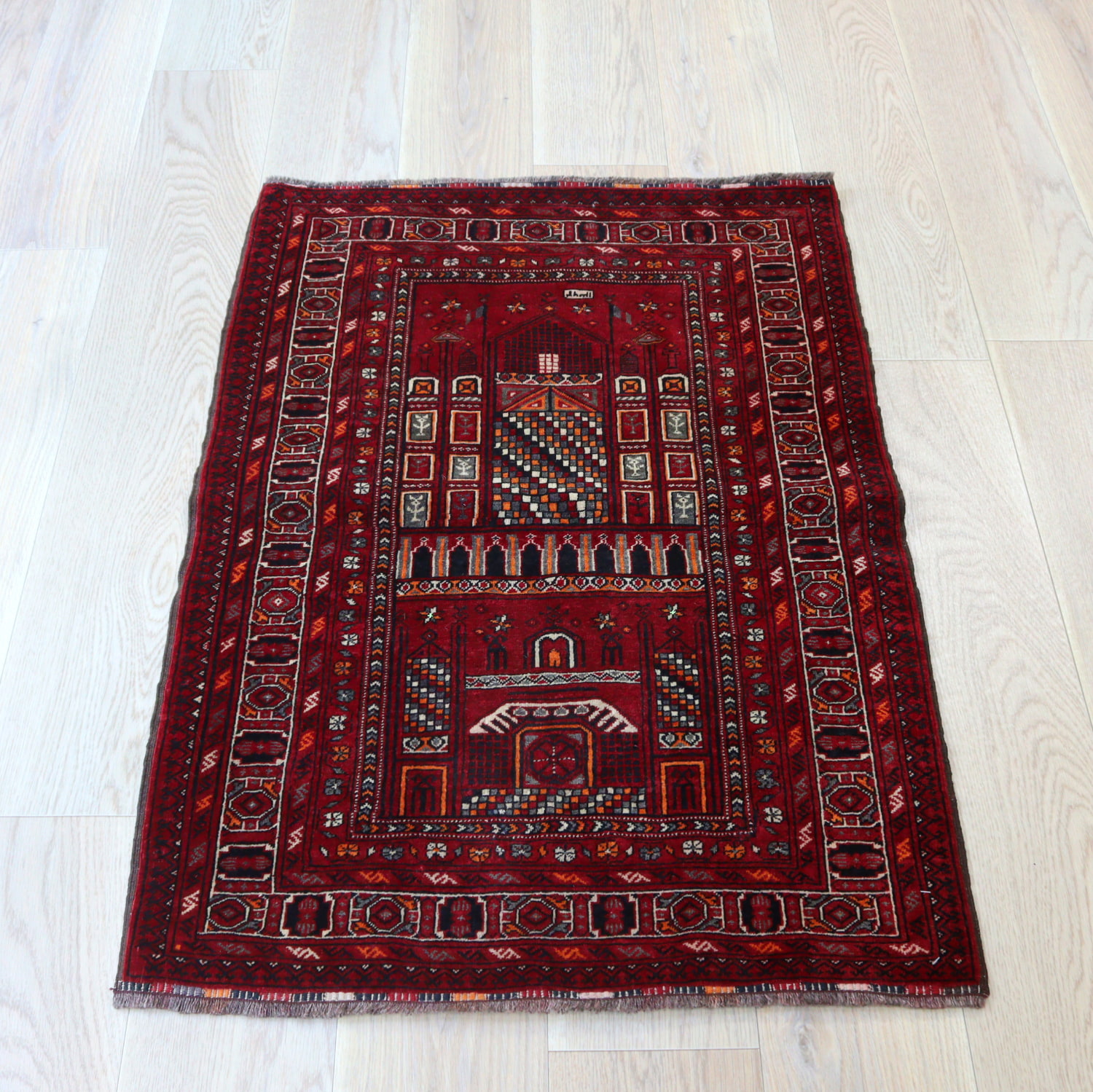【15%OFF】トライバルラグ 手織り絨毯114×78cm トルクメン モスク 年号1483