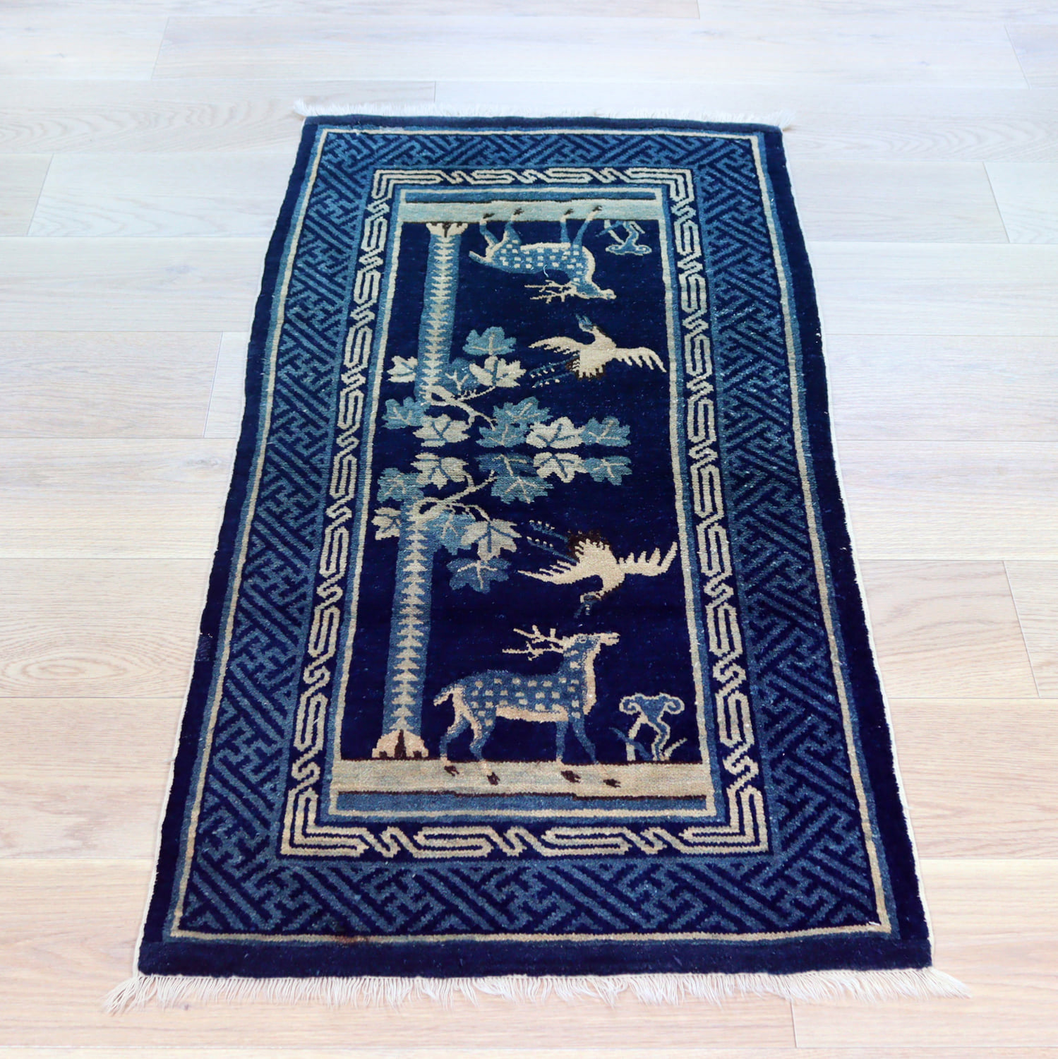 【15%OFF】アンティークラグ 清王朝時代の中国絨毯129×66cm 鶴 鹿 竹