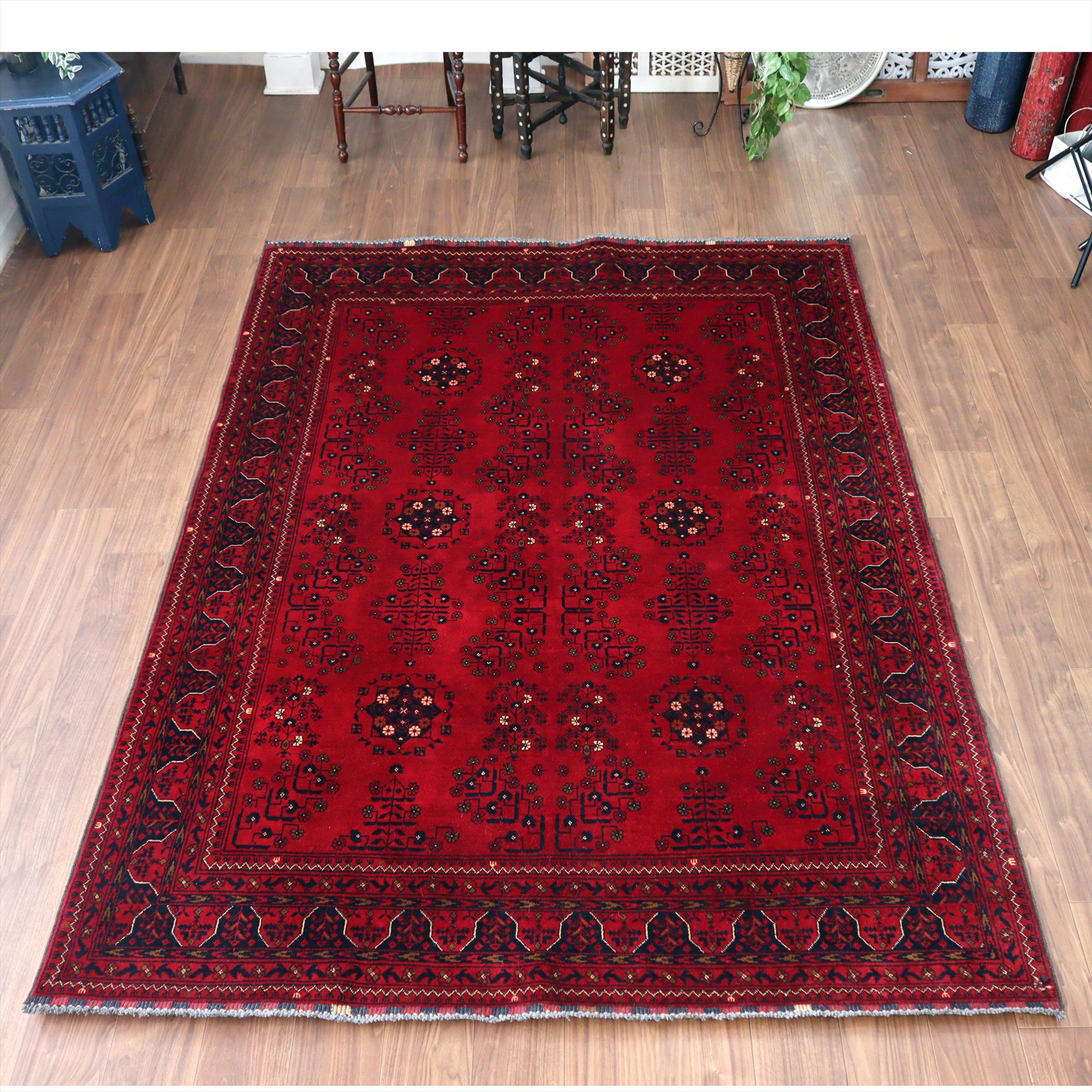 クンドゥズ アフガン絨毯241×176cm 幾何学モチーフ レッド