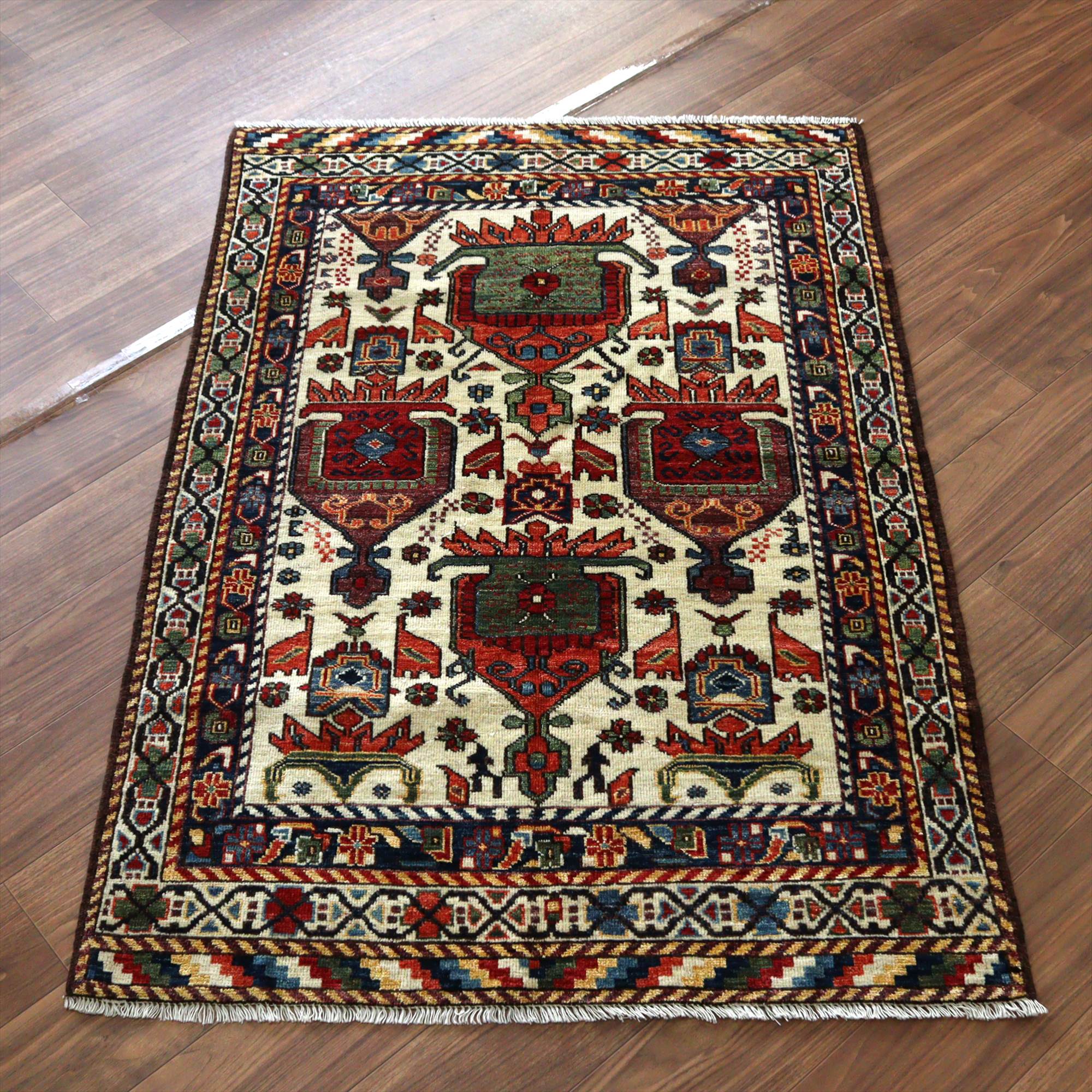 【15%OFF】手織りラグ 小花と幾何学模様152×104cm トルコの手織り絨毯 ベージュ 草木染