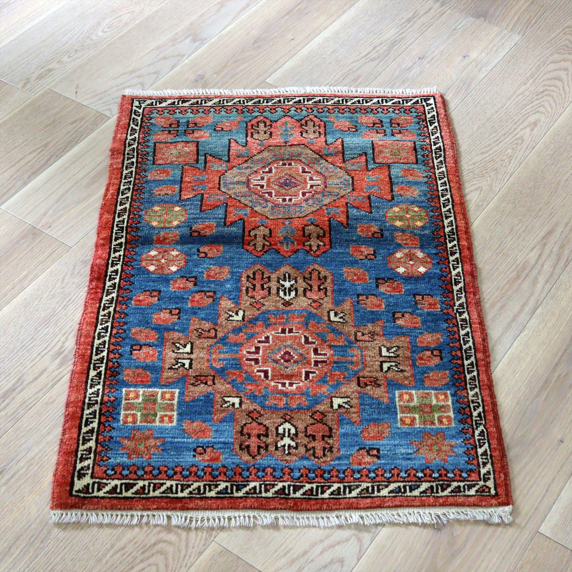 【15%OFF】トルコの手織り絨毯 ２つのメダリオン96×65cm 手織りラグ ブルー 草木染